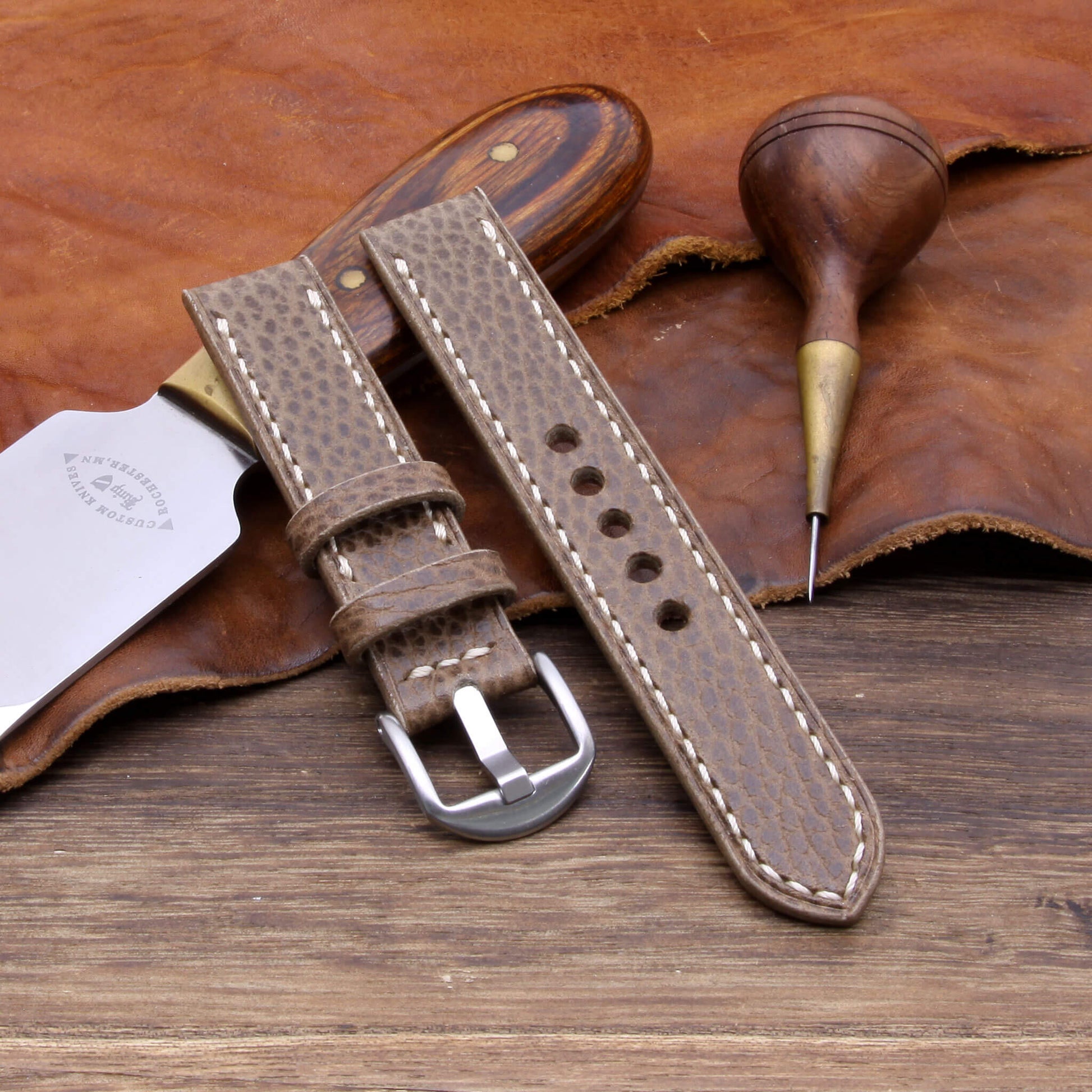 3rd View of 2-Piece Full Stitch Leather Watch Strap, made with Buttero Taupe full grain Italian veg-tanned leather by Cozy Handmade