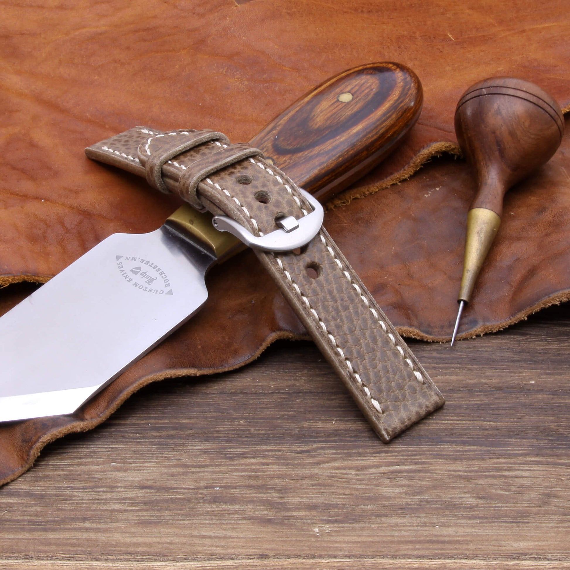 4th View of 2-Piece Full Stitch Leather Watch Strap, made with Buttero Taupe full grain Italian veg-tanned leather by Cozy Handmade
