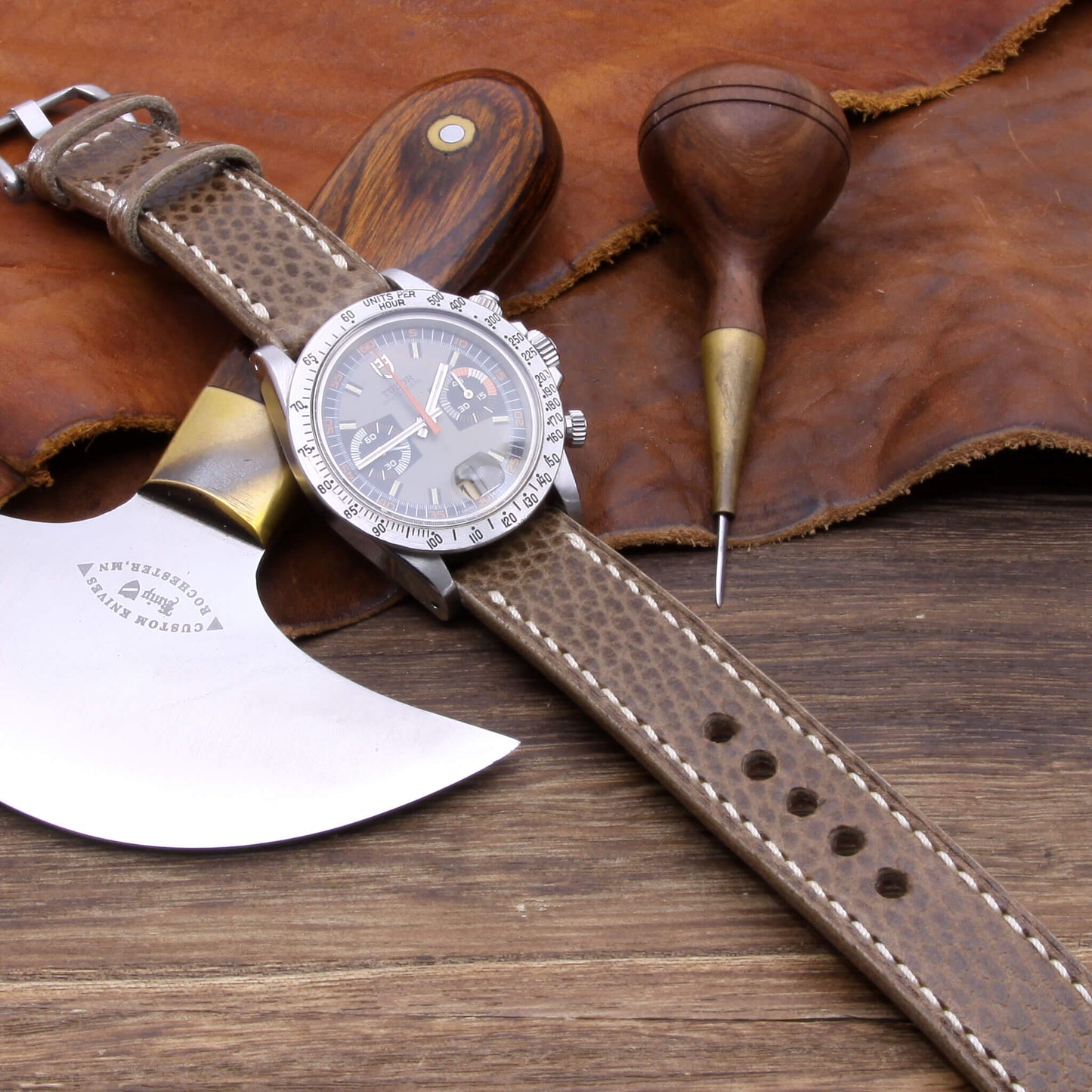 5th View of 2-Piece Full Stitch Leather Watch Strap, made with Buttero Taupe full grain Italian veg-tanned leather by Cozy Handmade