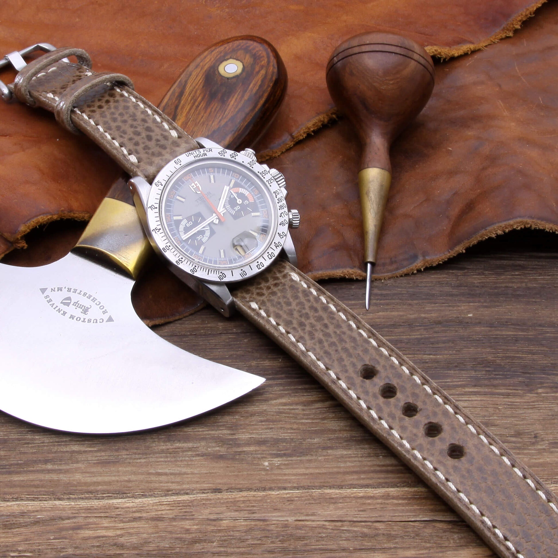 5th View of 2-Piece Full Stitch Leather Watch Strap, made with Buttero Taupe full grain Italian veg-tanned leather by Cozy Handmade