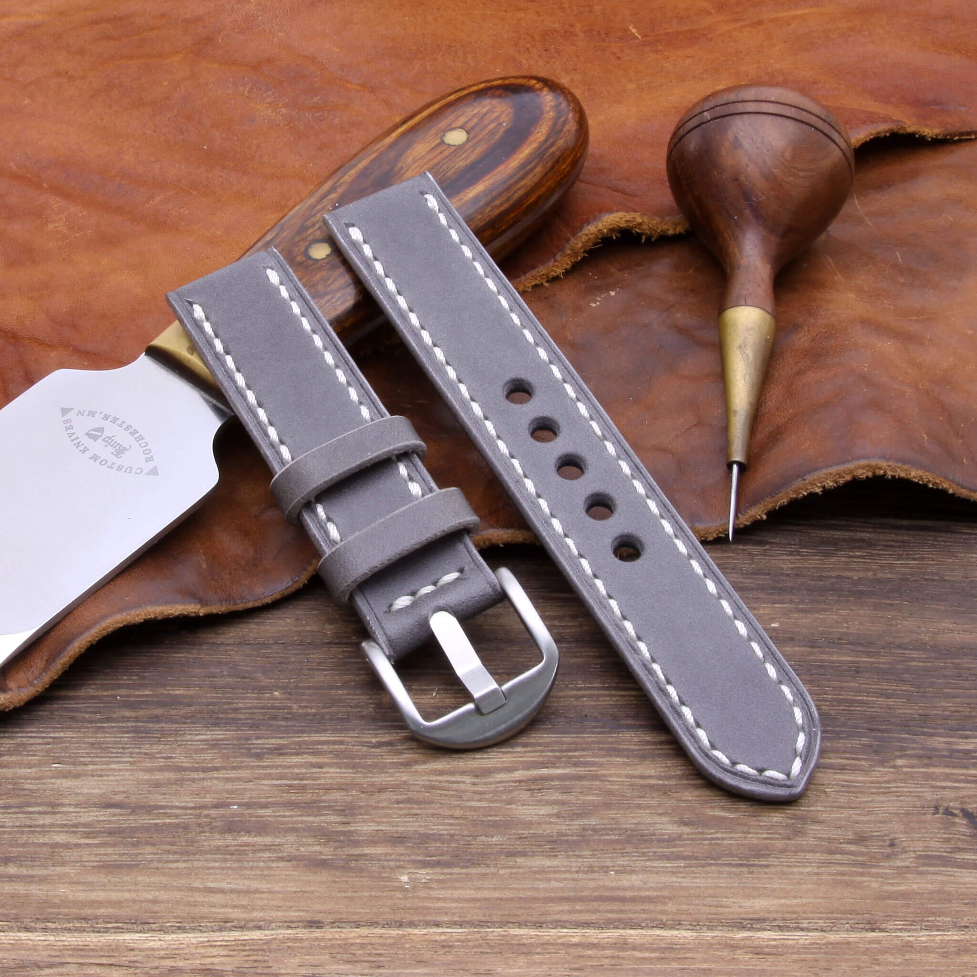 3rd View of 2-Piece Full Stitch Leather Watch Strap, made with Koala Antracite Italian veg-tanned leather by Cozy Handmade
