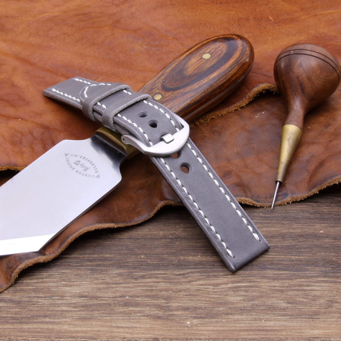 4th View of 2-Piece Full Stitch Leather Watch Strap, made with Koala Antracite Italian veg-tanned leather by Cozy Handmade