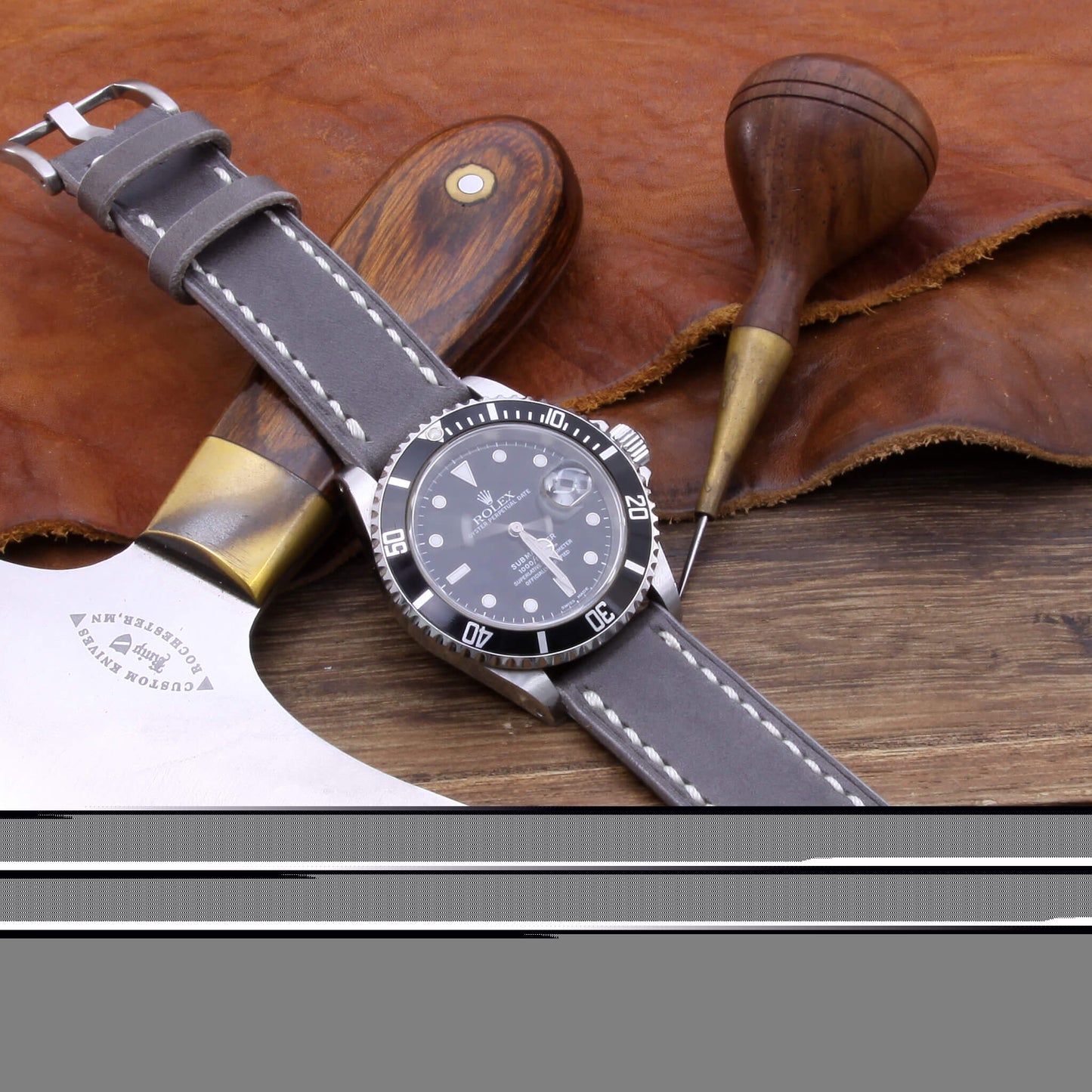 5th View of 2-Piece Full Stitch Leather Watch Strap, made with Koala Antracite Italian veg-tanned leather by Cozy Handmade