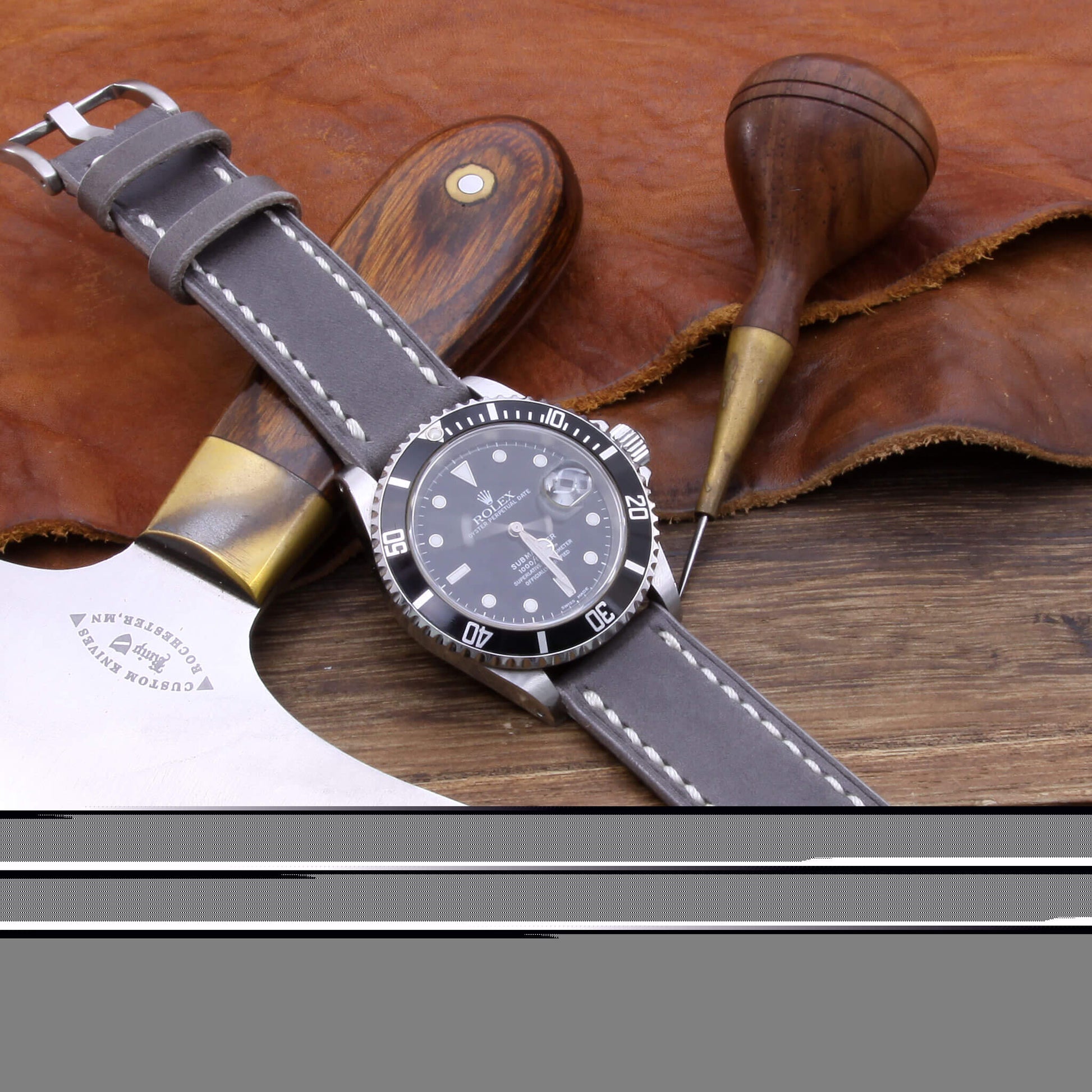 5th View of 2-Piece Full Stitch Leather Watch Strap, made with Koala Antracite Italian veg-tanned leather by Cozy Handmade
