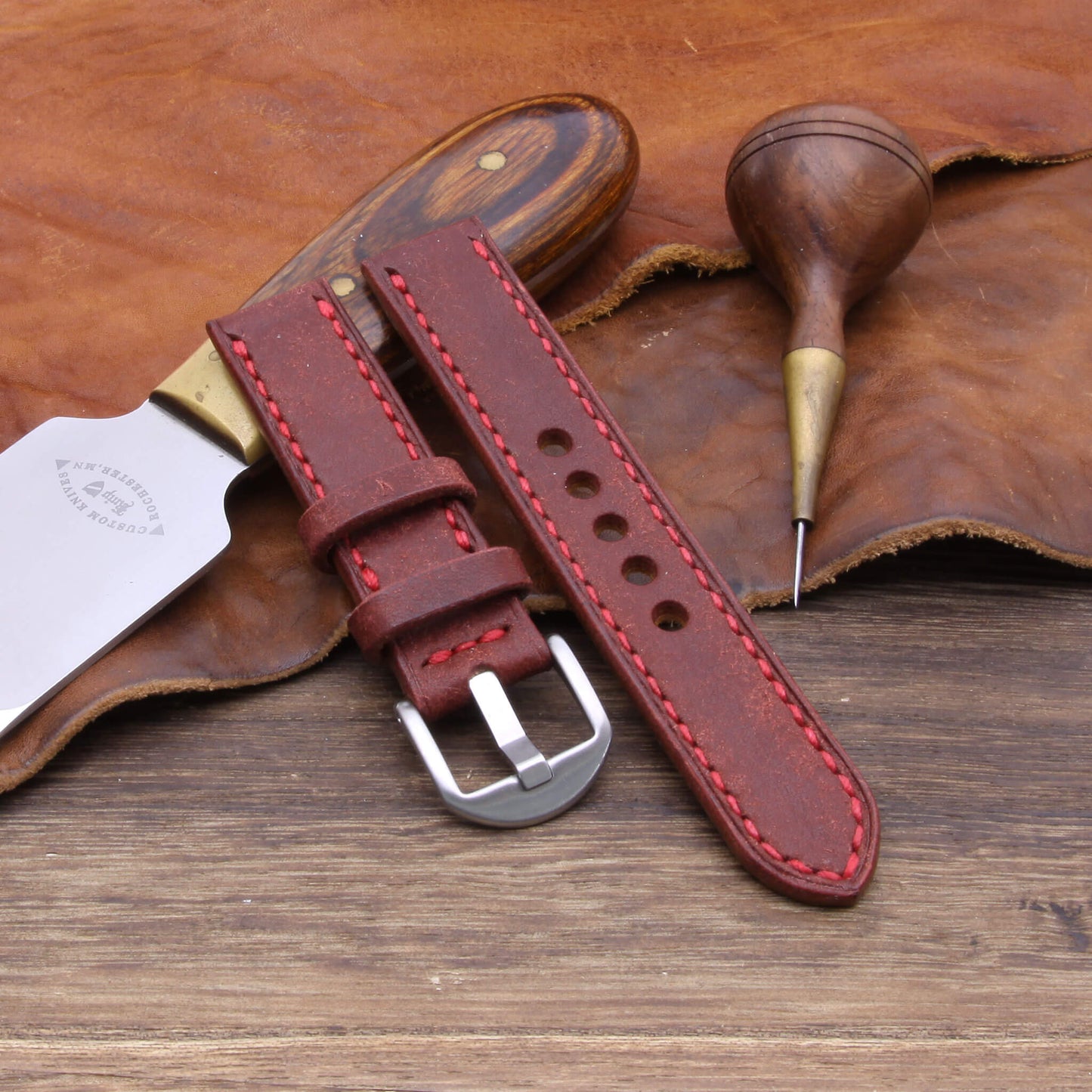 3rd View of 2-Piece Full Stitch Leather Watch Strap, made with Pueblo Cocinella full grain Italian veg-tanned leather by Cozy Handmade