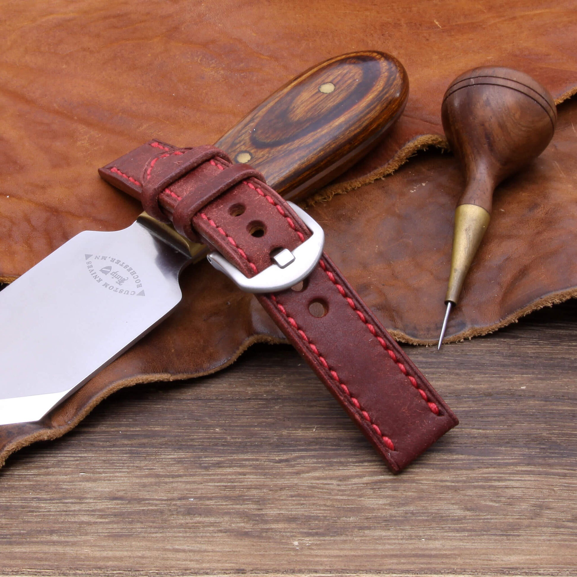 4th View of 2-Piece Full Stitch Leather Watch Strap, made with Pueblo Cocinella full grain Italian veg-tanned leather by Cozy Handmade