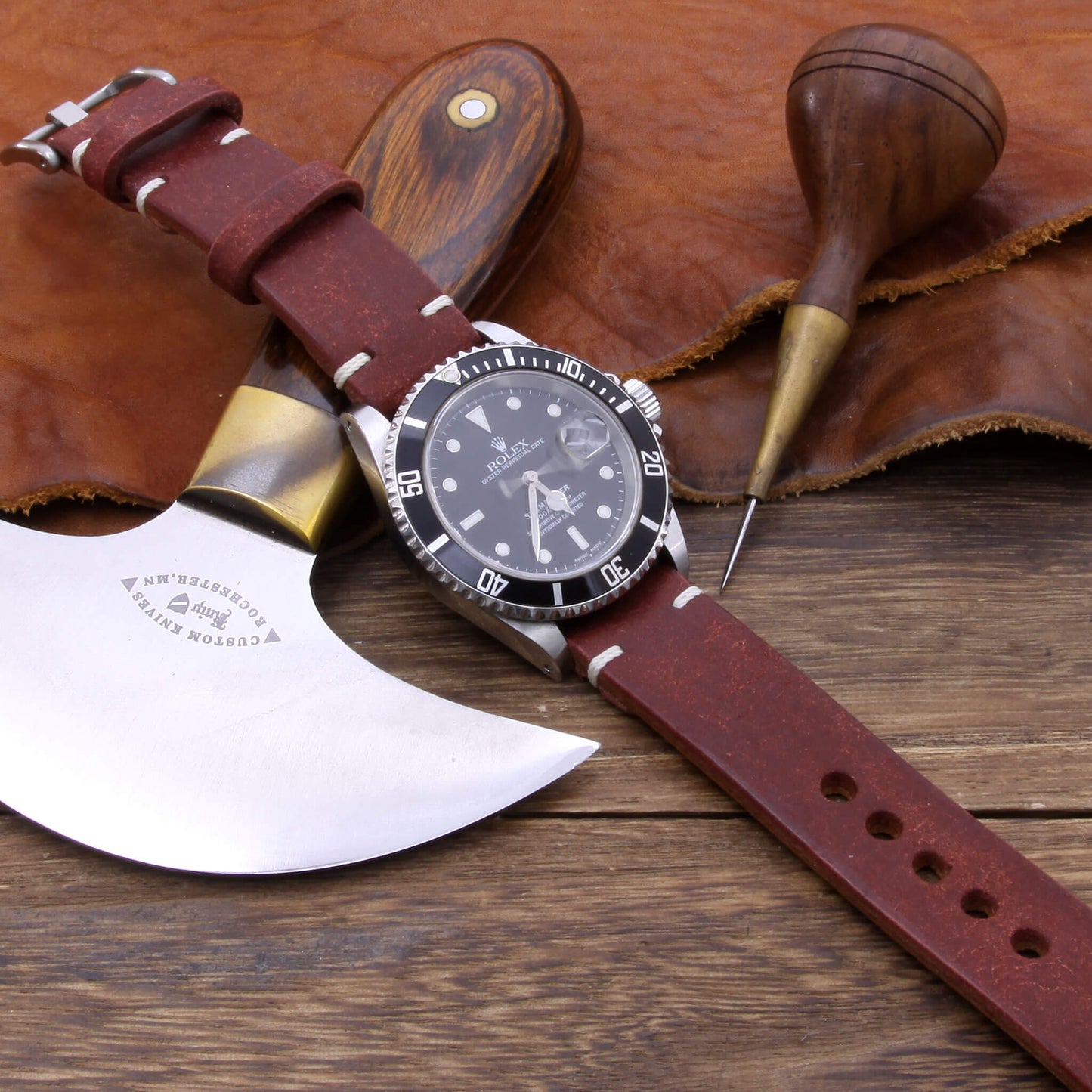 5th View of 2-Piece Full Stitch Leather Watch Strap, made with Pueblo Cocinella full grain Italian veg-tanned leather by Cozy Handmade