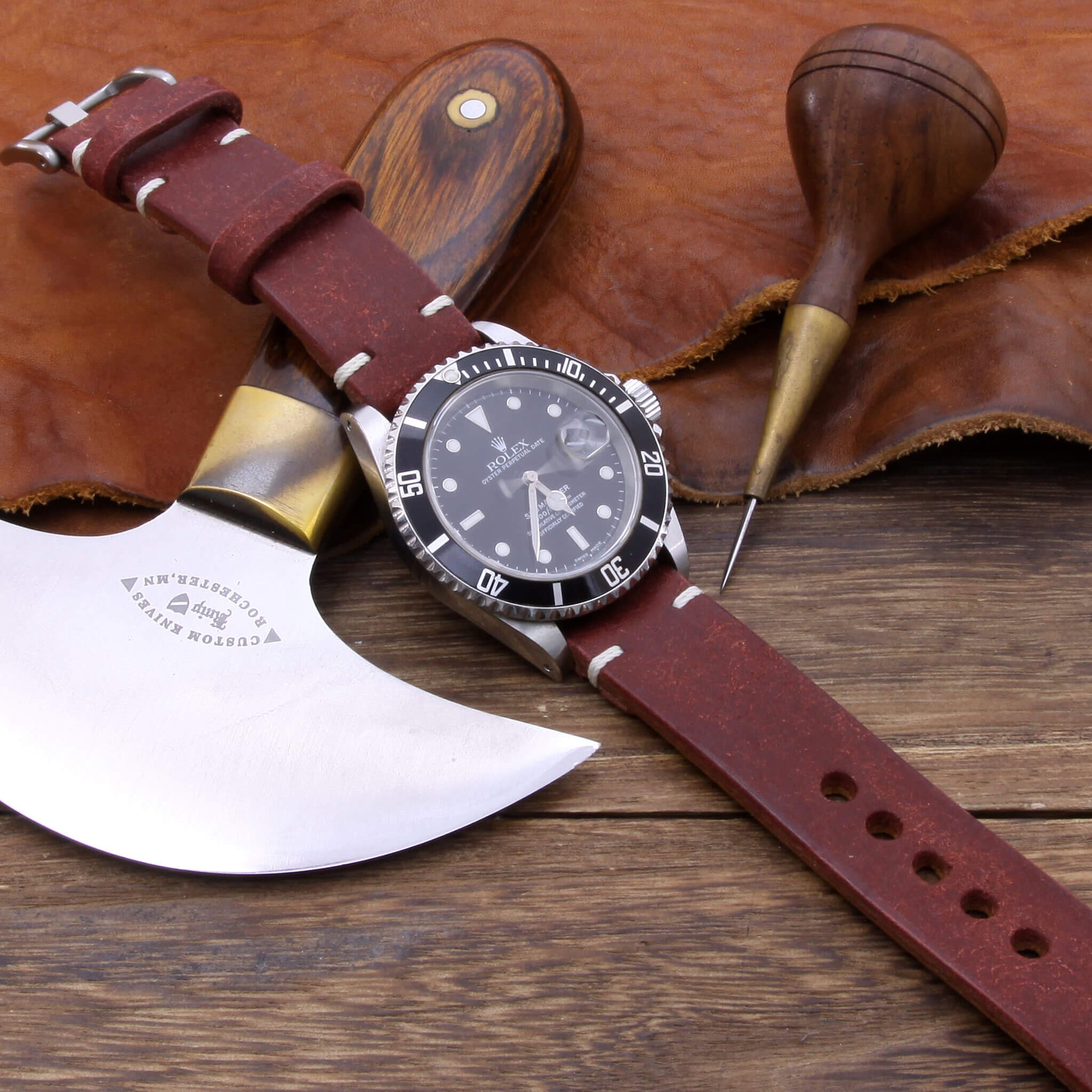 5th View of 2-Piece Full Stitch Leather Watch Strap, made with Pueblo Cocinella full grain Italian veg-tanned leather by Cozy Handmade