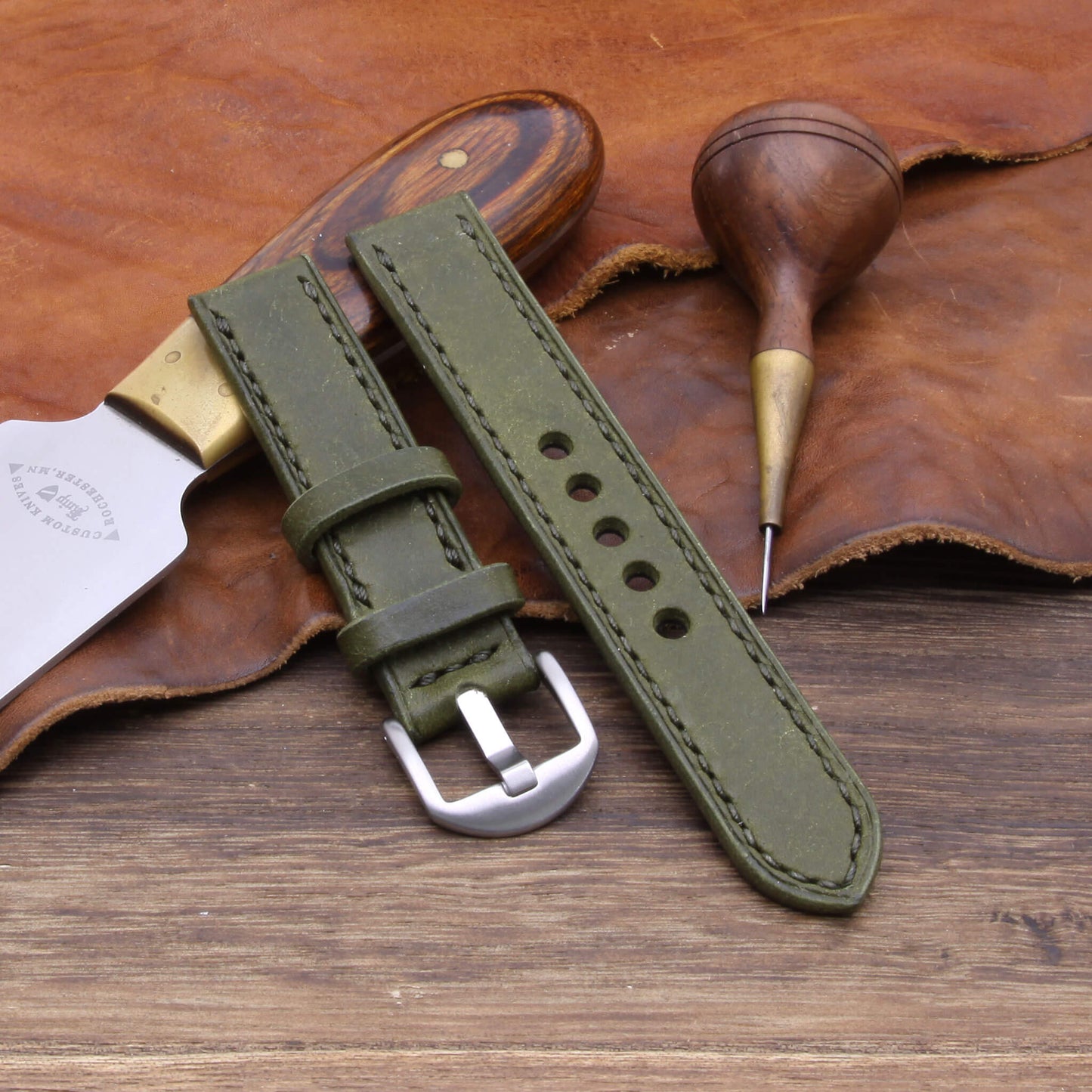 3rd View of 2-Piece Full Stitch Leather Watch Strap, made with Pueblo Oliva full grain Italian veg-tanned leather by Cozy Handmade