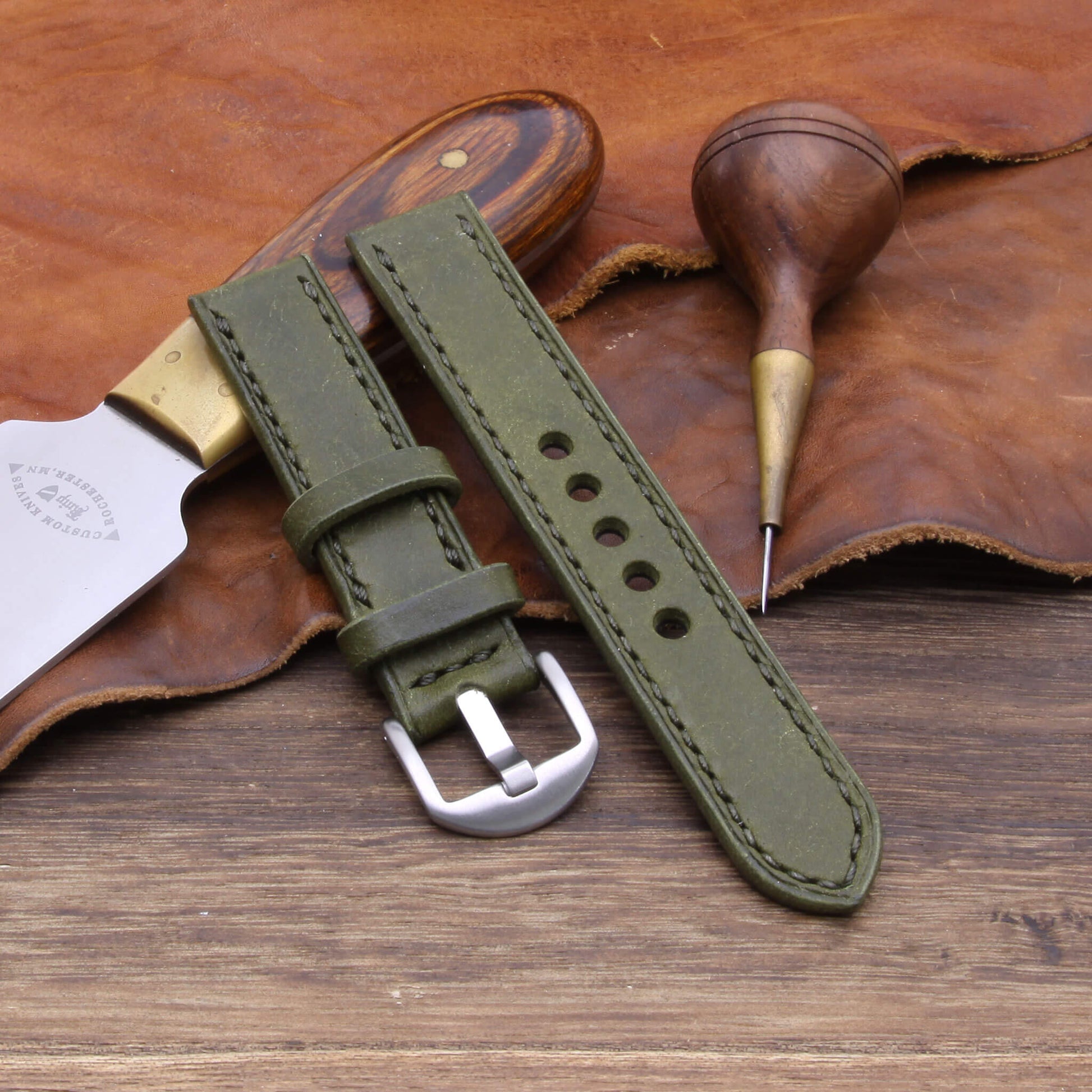 3rd View of 2-Piece Full Stitch Leather Watch Strap, made with Pueblo Oliva full grain Italian veg-tanned leather by Cozy Handmade