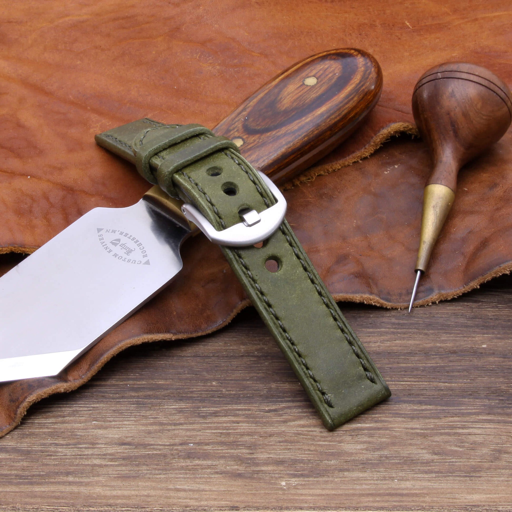 4th View of 2-Piece Full Stitch Leather Watch Strap, made with Pueblo Oliva full grain Italian veg-tanned leather by Cozy Handmade