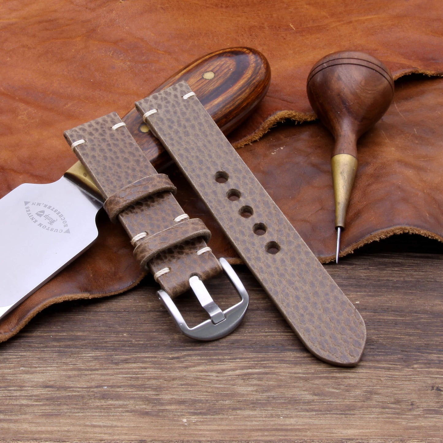 3rd View of 2-Piece Minimalist Leather Watch Strap, made with Buttero Taupe full grain Italian veg-tanned leather by Cozy Handmade