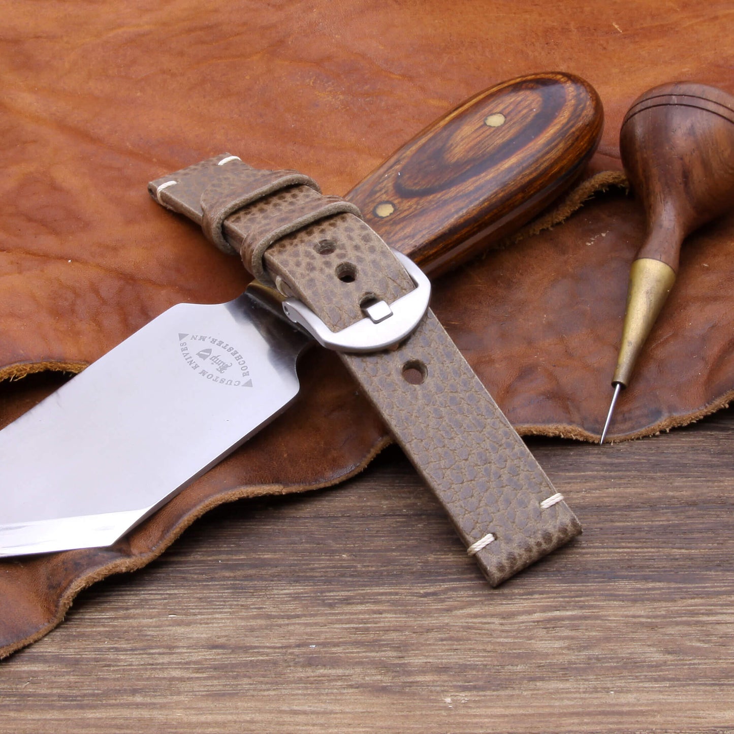 4th View of 2-Piece Minimalist Leather Watch Strap, made with Buttero Taupe full grain Italian veg-tanned leather by Cozy Handmade