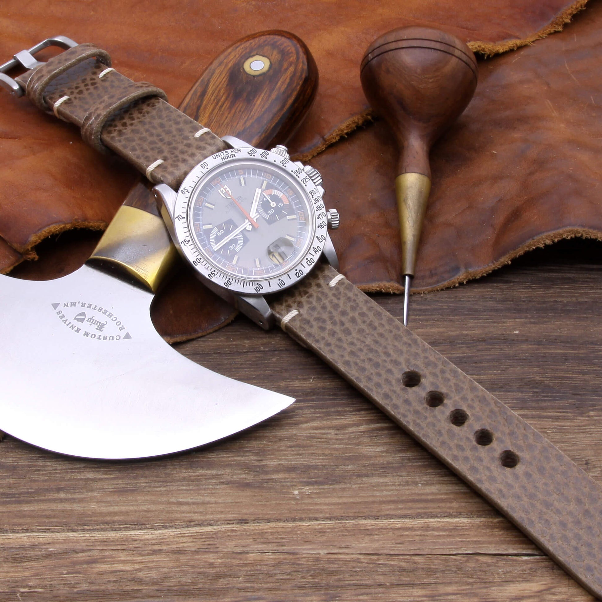 5th View of 2-Piece Minimalist Leather Watch Strap, made with Buttero Taupe full grain Italian veg-tanned leather by Cozy Handmade