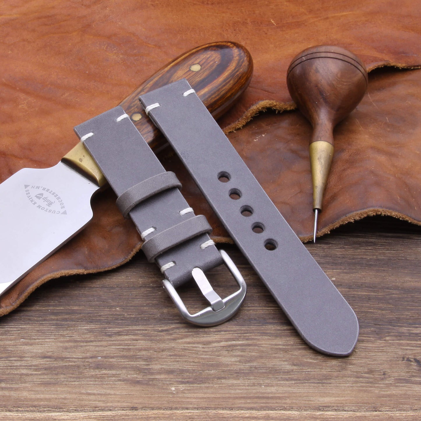 3rd View of 2-Piece Minimalist Leather Watch Strap, made with Koala Antracite Italian veg-tanned leather by Cozy Handmade