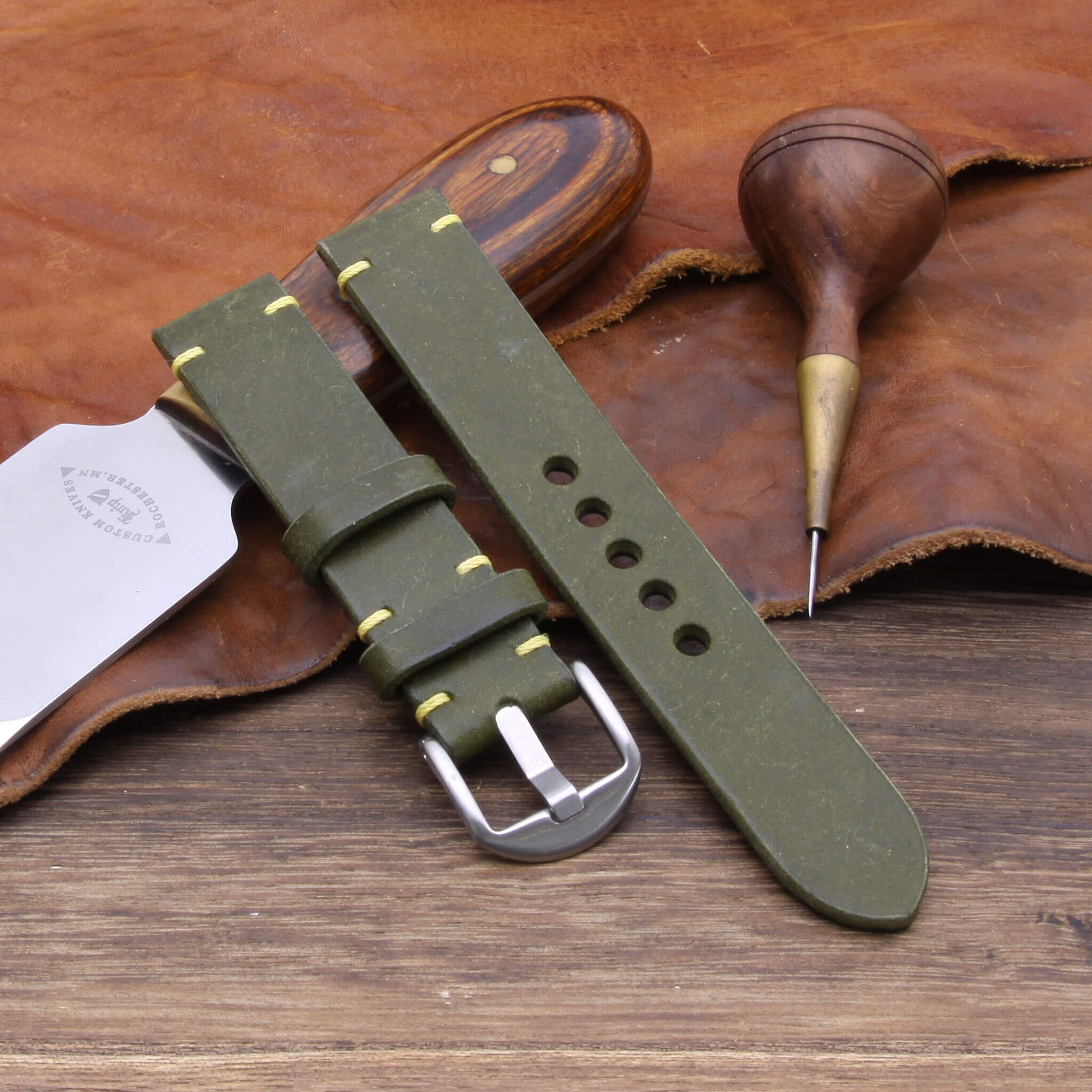 3rd View of 2-Piece Minimalist Leather Watch Strap, made with Pueblo Oliva Italian veg-tanned leather by Cozy Handmade