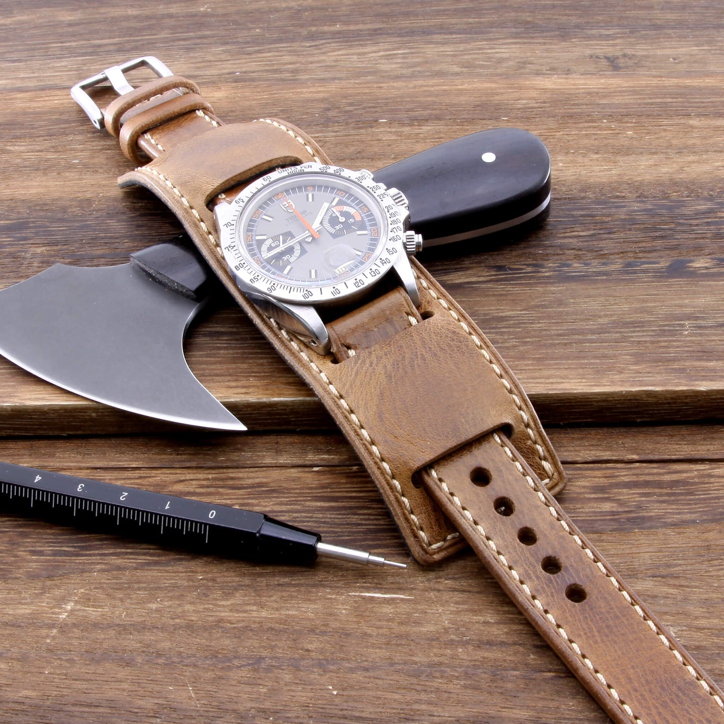 Leather bund pad in Newman Style Military 102 camouflage (timepiece for illustrative purposes only) | Full stitch construction, made with full grain Italian veg-tanned leather