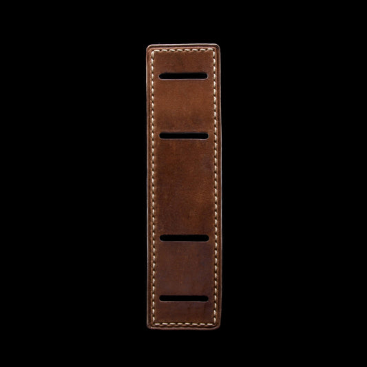 Front view of leather bund pad in Newman Style Vintage 402 Chocolate Brown | Full stitch construction, made with full grain Italian veg-tanned leather by Cozy Handmade