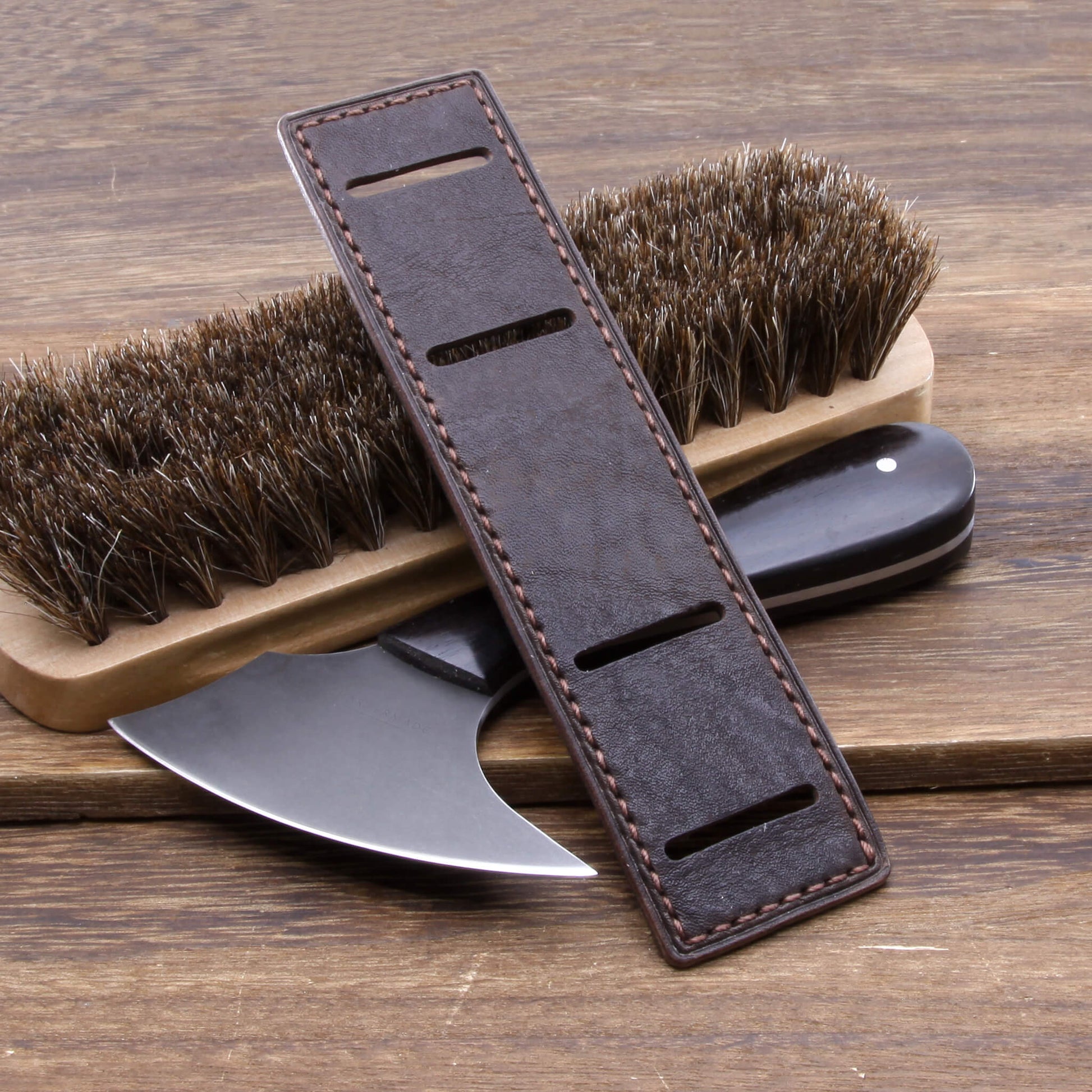 Top view of leather bund pad in Newman Style Vintage 406 Dark Brown | Full stitch construction, made with full grain Italian veg-tanned leather by Cozy Handmade
