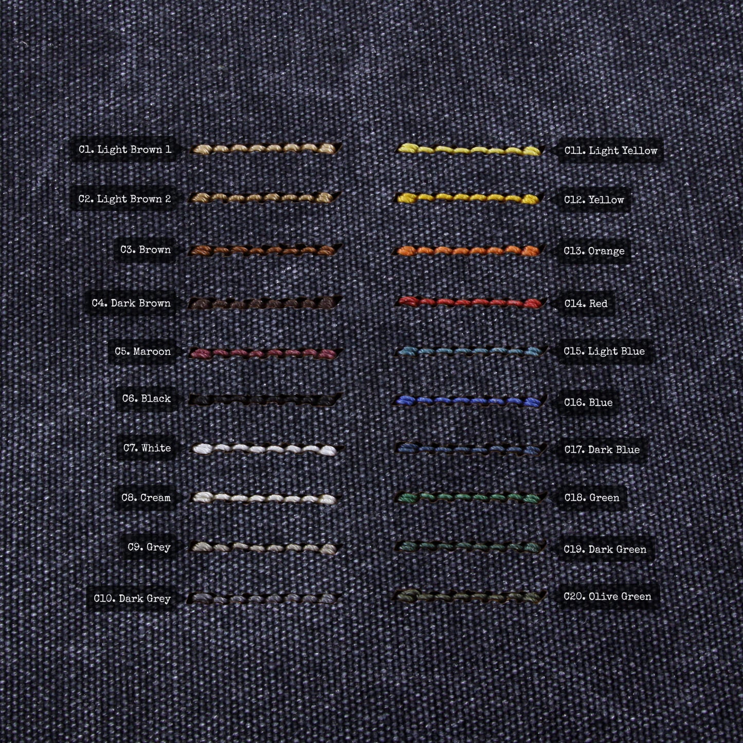 Thread Color Chart for 2-Piece Full Stitch Leather Watch Strap, made with Stone Washed Black Canvas and Italian veg-tanned leather lining, handcrafted by Cozy Handmade
