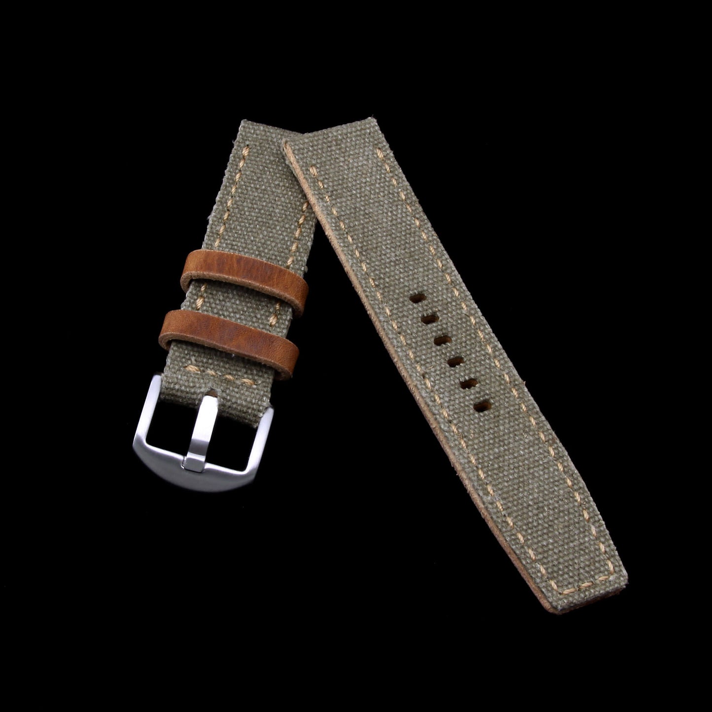 2-Piece Full Stitch Leather Watch Strap, made with Military Green Canvas and Italian veg-tanned leather lining, handcrafted by Cozy Handmade