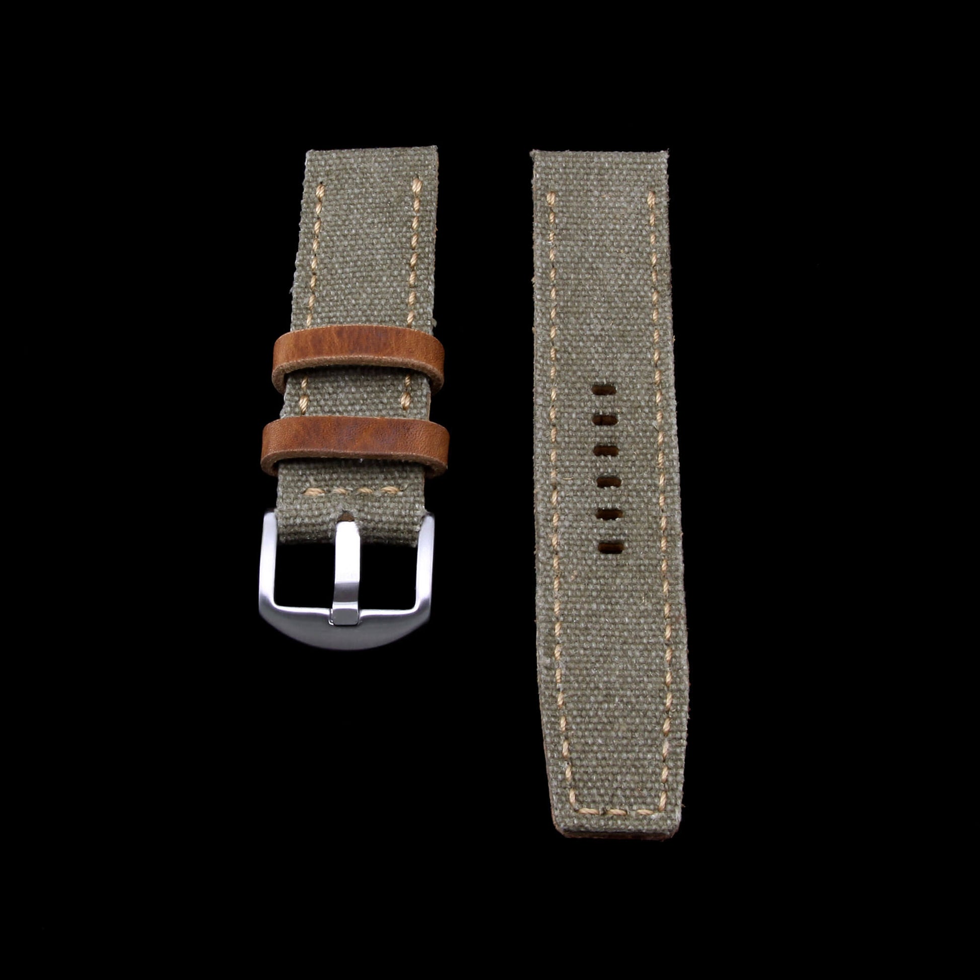 2nd View of 2-Piece Full Stitch Leather Watch Strap, made with Military Green Canvas and Italian veg-tanned leather lining, handcrafted by Cozy Handmade
