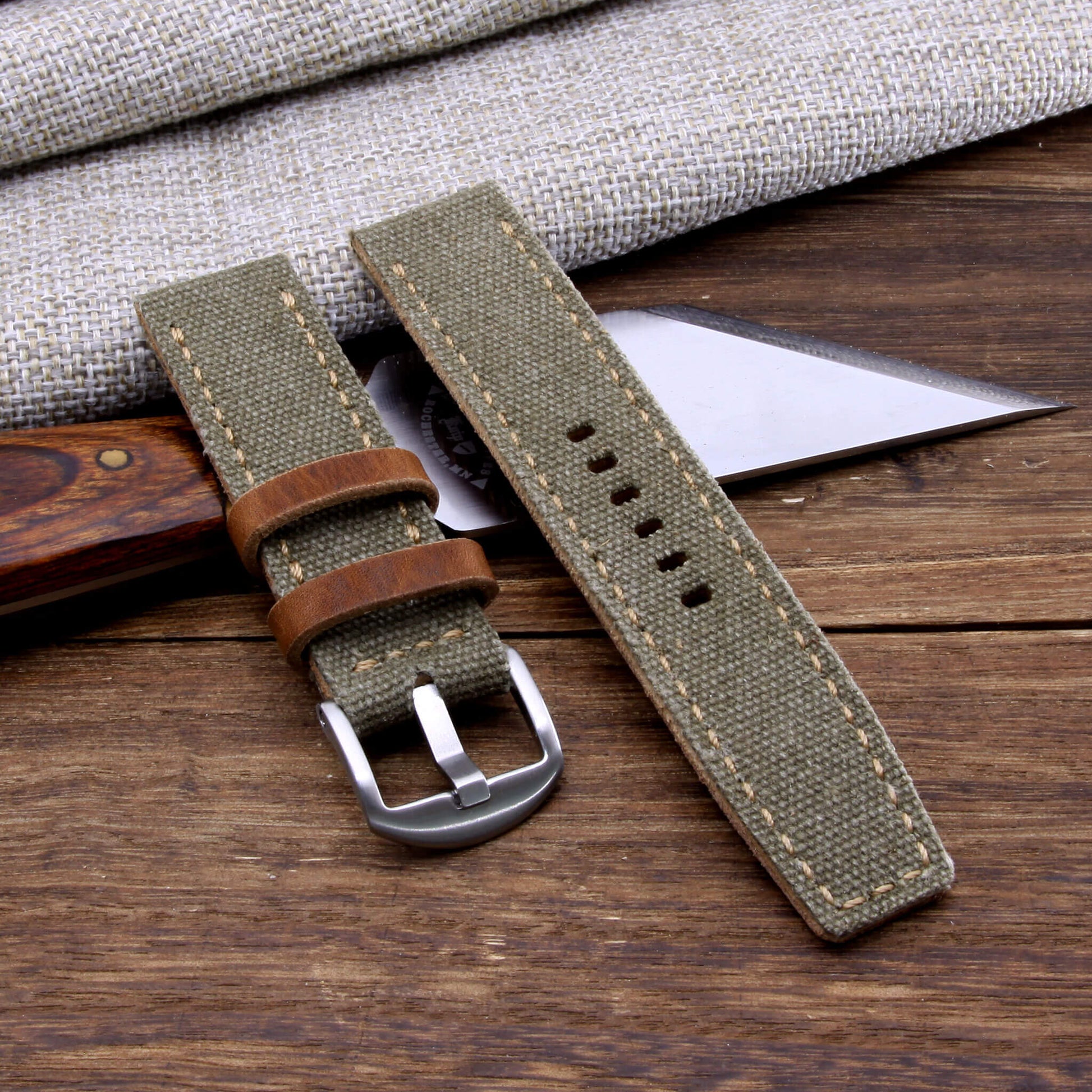 3rd View of 2-Piece Full Stitch Leather Watch Strap, made with Military Green Canvas and Italian veg-tanned leather lining, handcrafted by Cozy Handmade