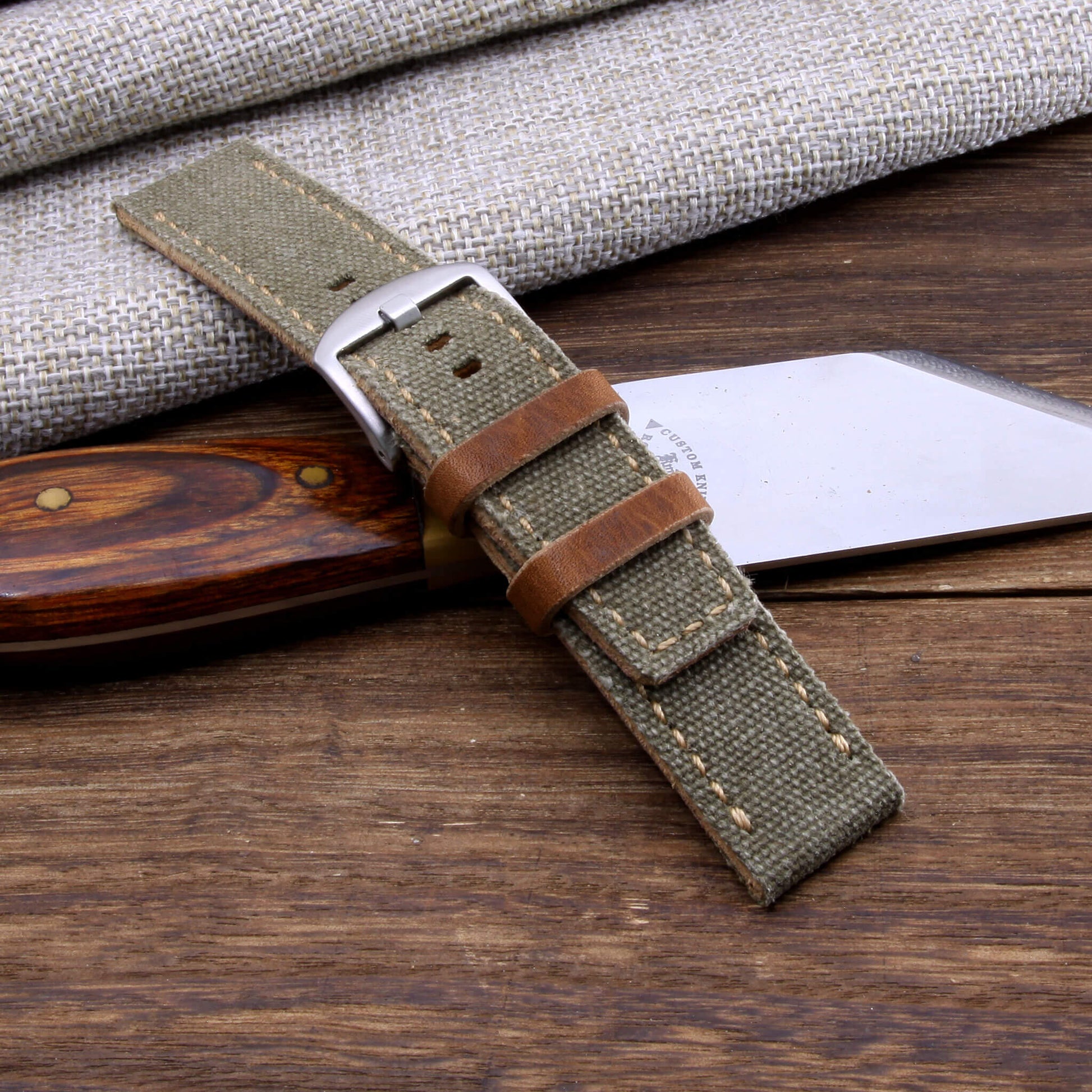 4th View of 2-Piece Full Stitch Leather Watch Strap, made with Military Green Canvas and Italian veg-tanned leather lining, handcrafted by Cozy Handmade