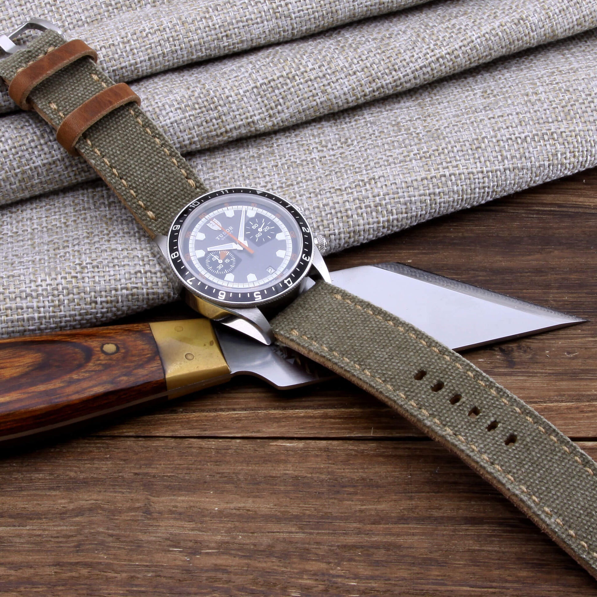 5th View of 2-Piece Full Stitch Leather Watch Strap, made with Military Green Canvas and Italian veg-tanned leather lining, handcrafted by Cozy Handmade