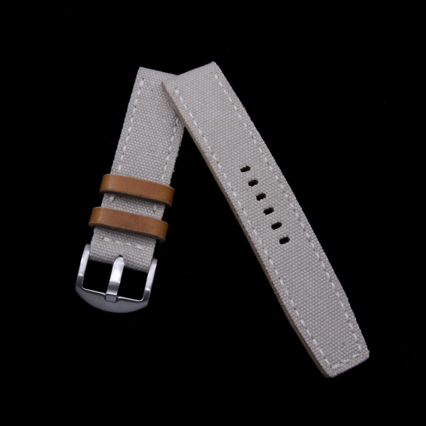2-Piece Full Stitch Leather Watch Strap, made with Beige Canvas and Italian veg-tanned leather lining, handcrafted by Cozy Handmade