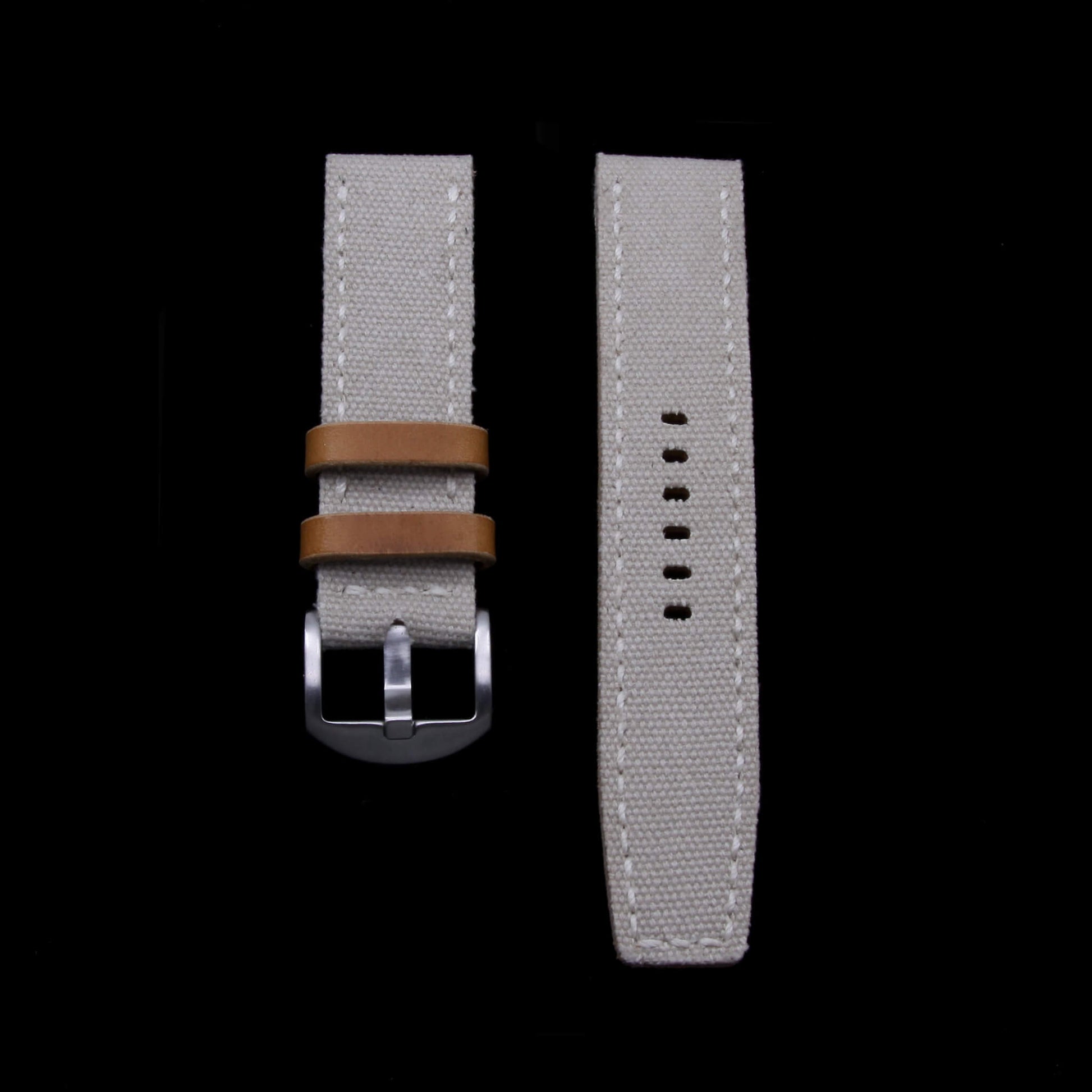 2nd View of 2-Piece Full Stitch Leather Watch Strap, made with Beige Canvas and Italian veg-tanned leather lining, handcrafted by Cozy Handmade