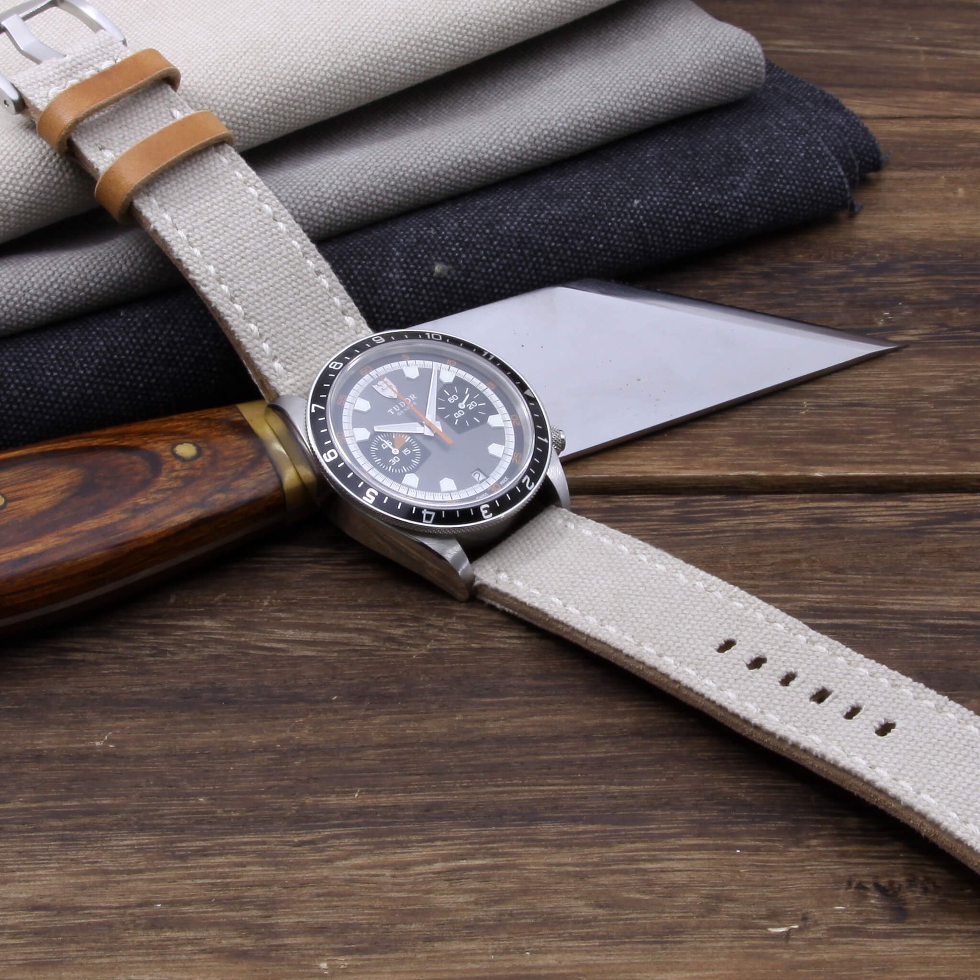 5th View of 2-Piece Full Stitch Leather Watch Strap, made with Beige Canvas and Italian veg-tanned leather lining, handcrafted by Cozy Handmade