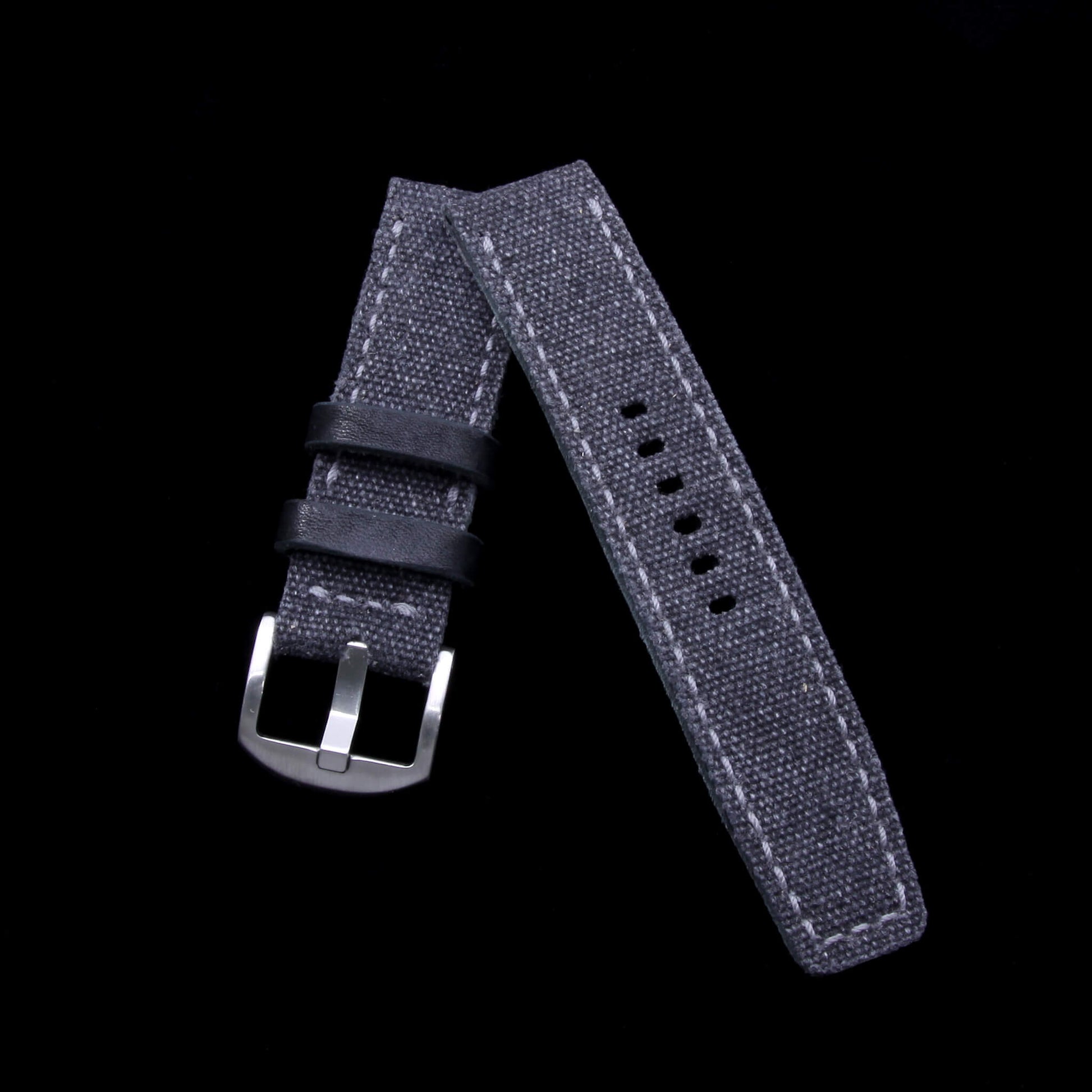 2-Piece Full Stitch Leather Watch Strap, made with Stone Washed Black Canvas and Italian veg-tanned leather lining, handcrafted by Cozy Handmade