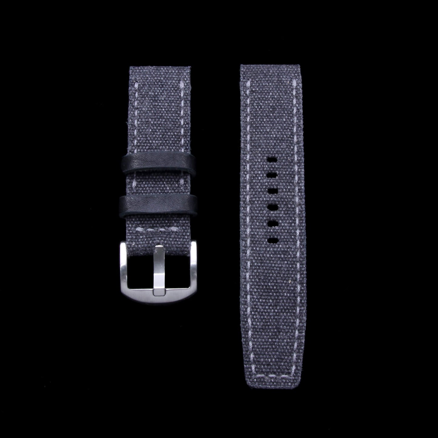 2nd View of 2-Piece Full Stitch Leather Watch Strap, made with Stone Washed Black Canvas and Italian veg-tanned leather lining, handcrafted by Cozy Handmade