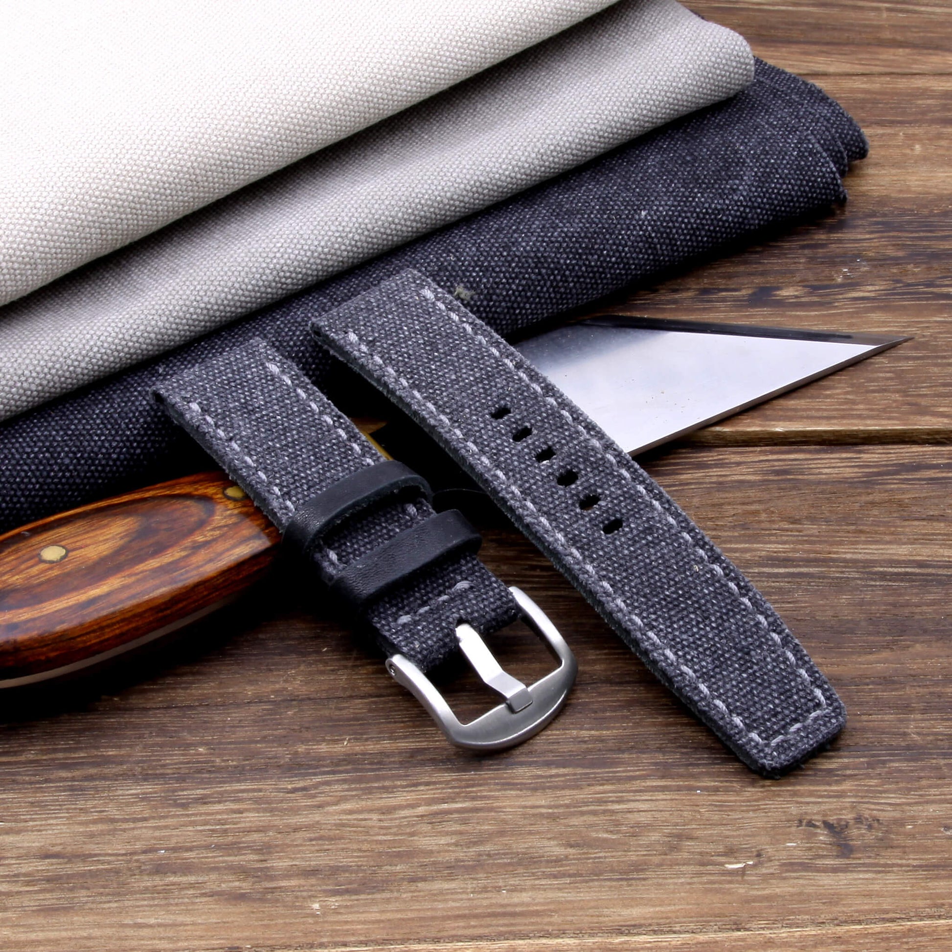 3rd View of 2-Piece Full Stitch Leather Watch Strap, made with Stone Washed Black Canvas and Italian veg-tanned leather lining, handcrafted by Cozy Handmade
