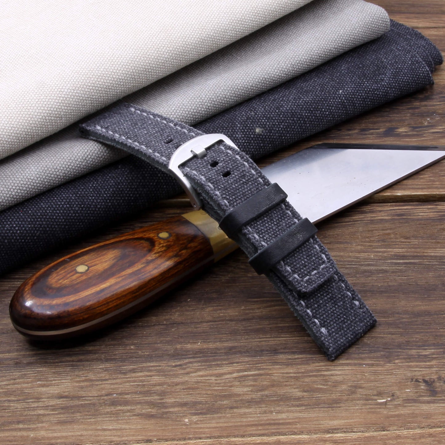 4th View of 2-Piece Full Stitch Leather Watch Strap, made with Stone Washed Black Canvas and Italian veg-tanned leather lining, handcrafted by Cozy Handmade