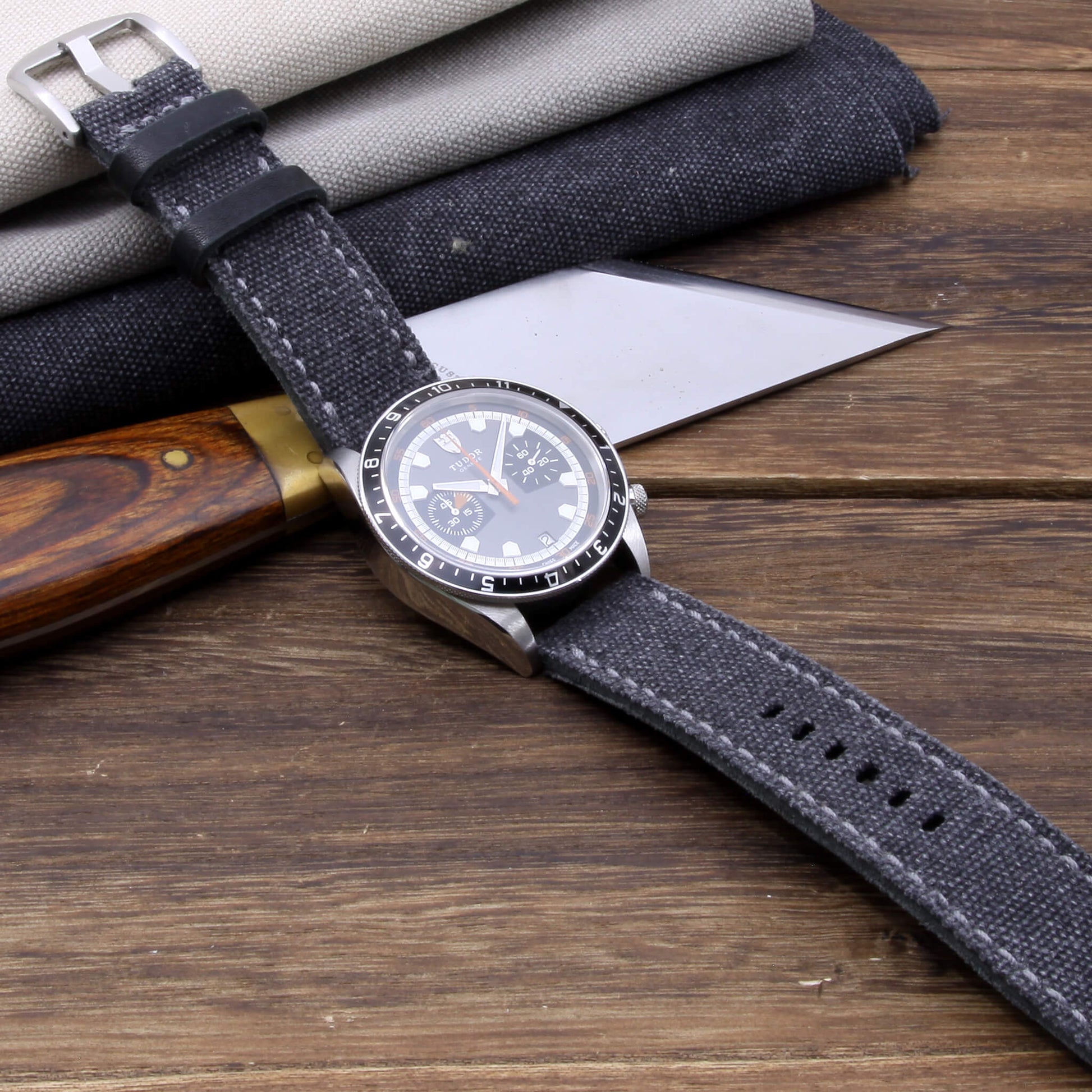 5th View of 2-Piece Full Stitch Leather Watch Strap, made with Stone Washed Black Canvas and Italian veg-tanned leather lining, handcrafted by Cozy Handmade