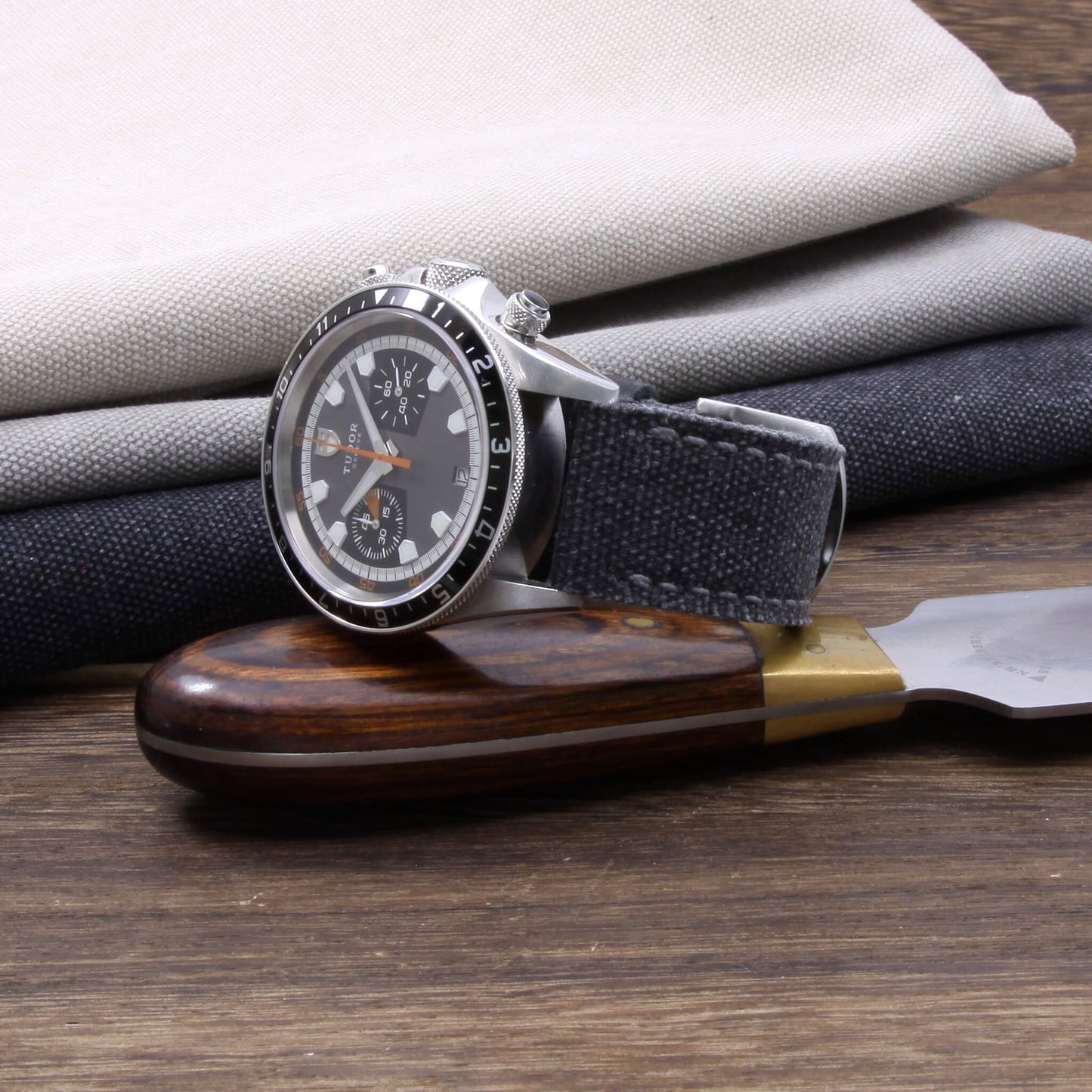 6th View of 2-Piece Full Stitch Leather Watch Strap, made with Stone Washed Black Canvas and Italian veg-tanned leather lining, handcrafted by Cozy Handmade