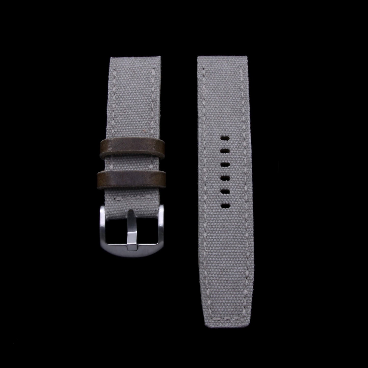 2nd View of 2-Piece Full Stitch Leather Watch Strap, made with Grey Canvas and Italian veg-tanned leather lining, handcrafted by Cozy Handmade