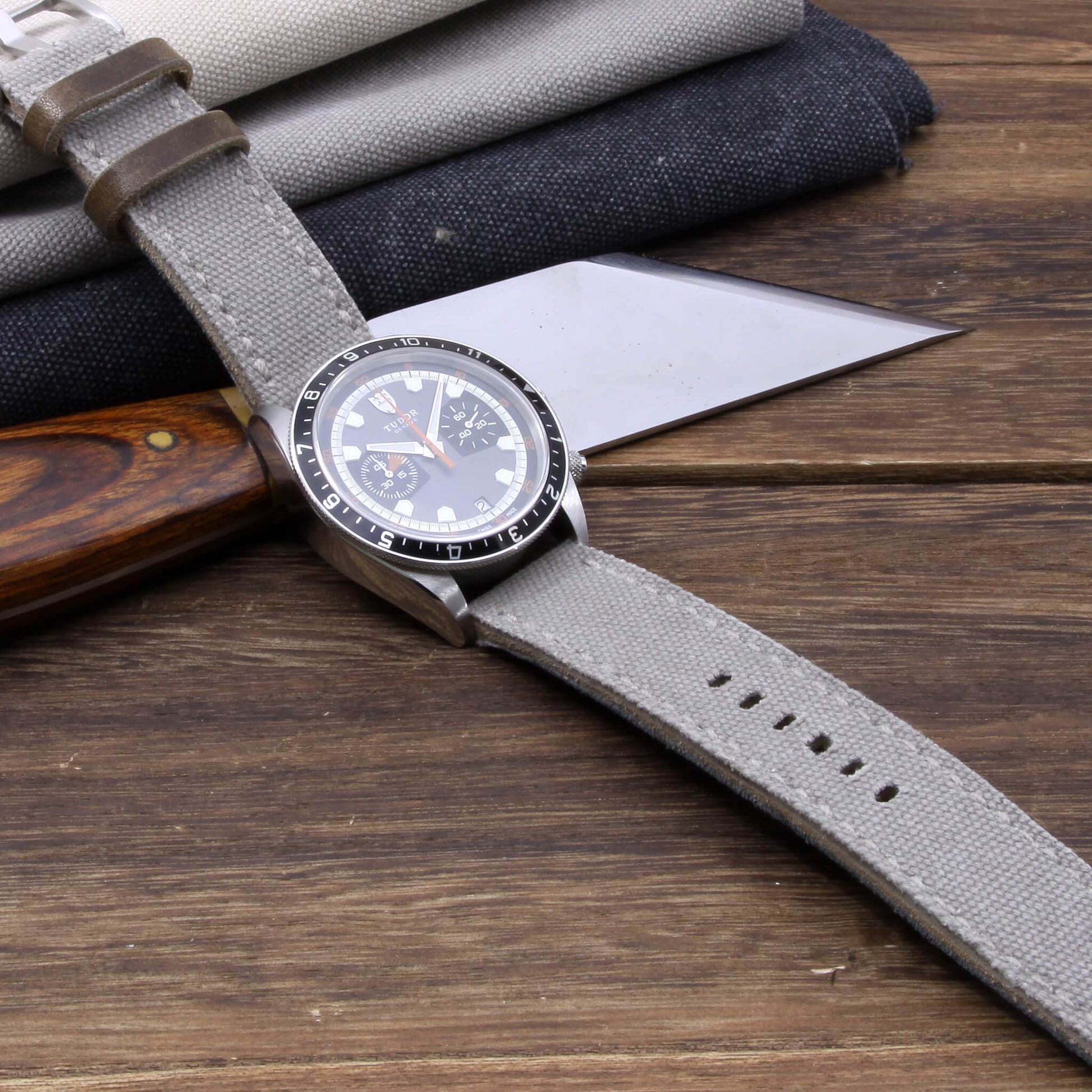 5th View of 2-Piece Full Stitch Leather Watch Strap, made with Grey Canvas and Italian veg-tanned leather lining, handcrafted by Cozy Handmade