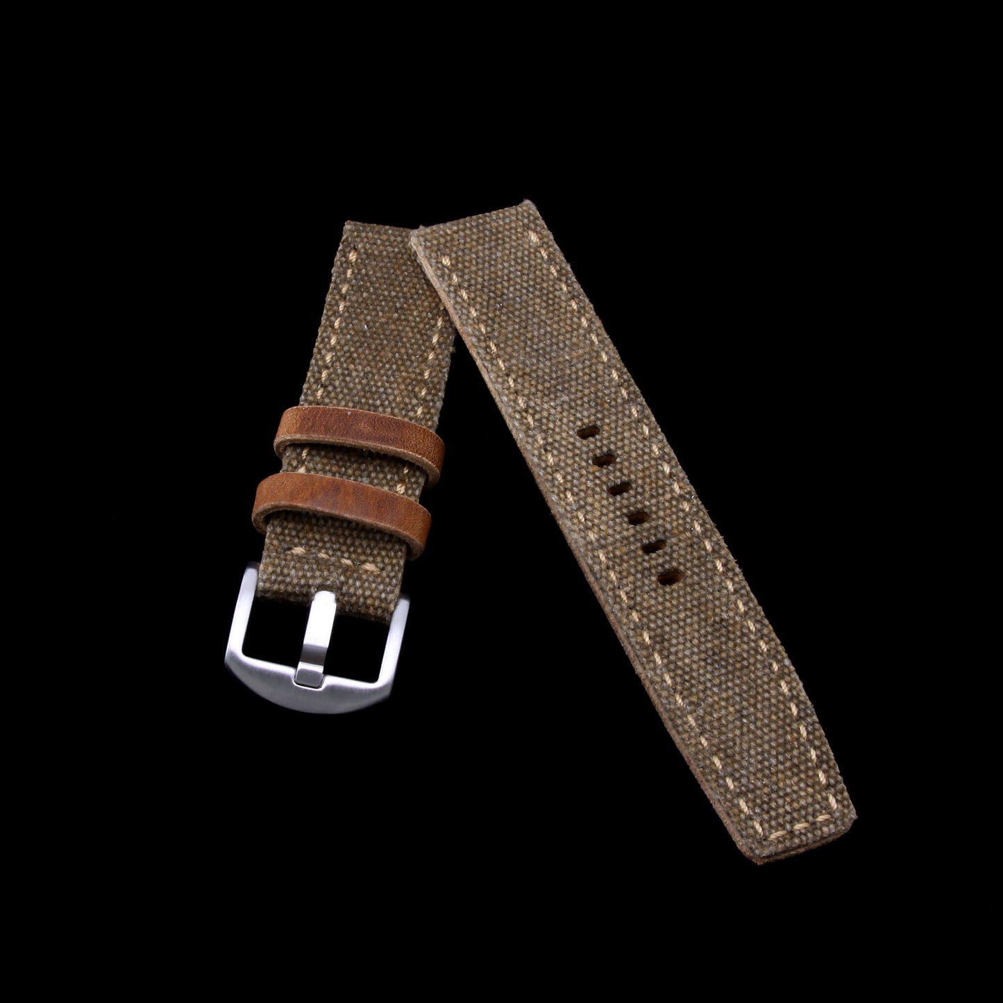 2-Piece Full Stitch Leather Watch Strap, made with Rustic Brown Canvas and Italian veg-tanned leather lining, handcrafted by Cozy Handmade