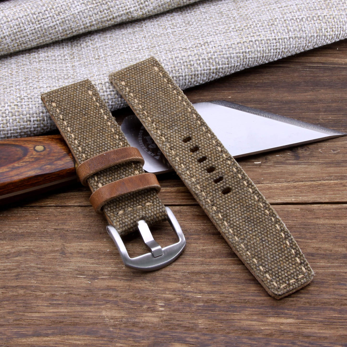 3rd View of 2-Piece Full Stitch Leather Watch Strap, made with Rustic Brown Canvas and Italian veg-tanned leather lining, handcrafted by Cozy Handmade