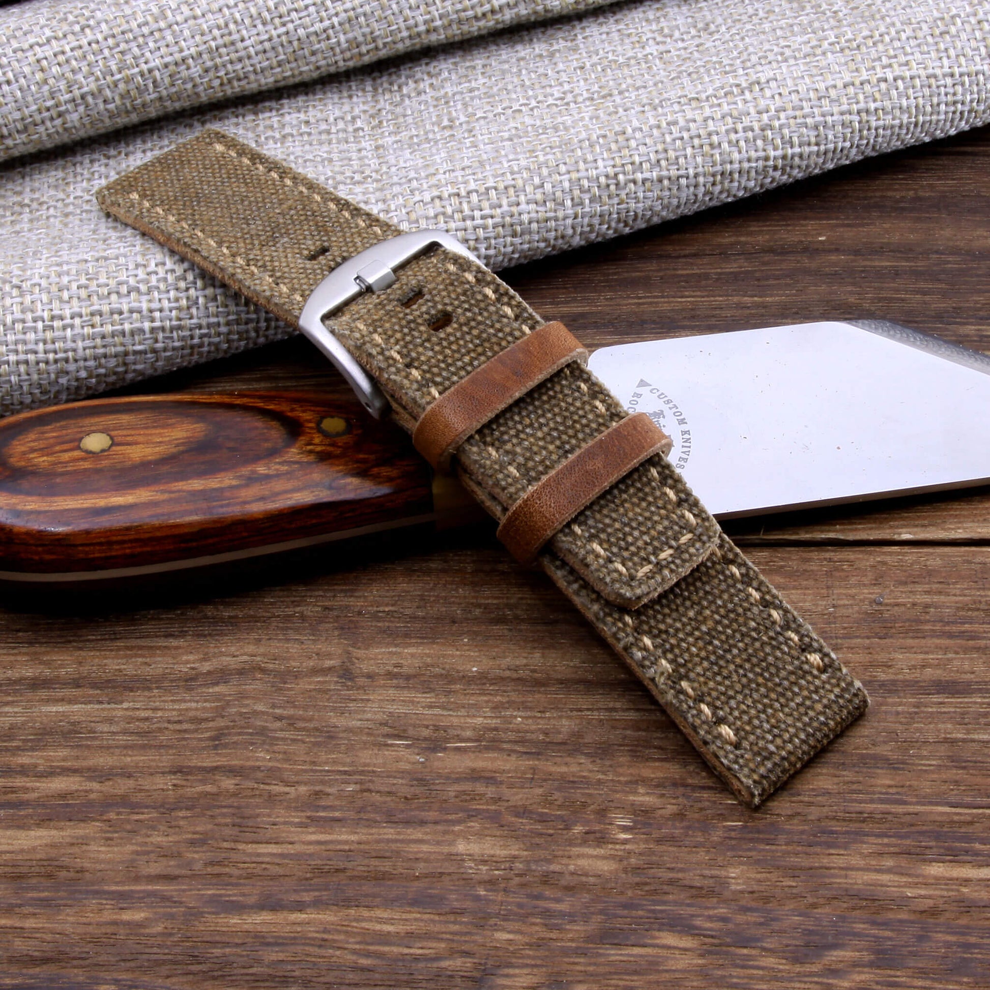 4th VIew of 2-Piece Full Stitch Leather Watch Strap, made with Rustic Brown Canvas and Italian veg-tanned leather lining, handcrafted by Cozy Handmade