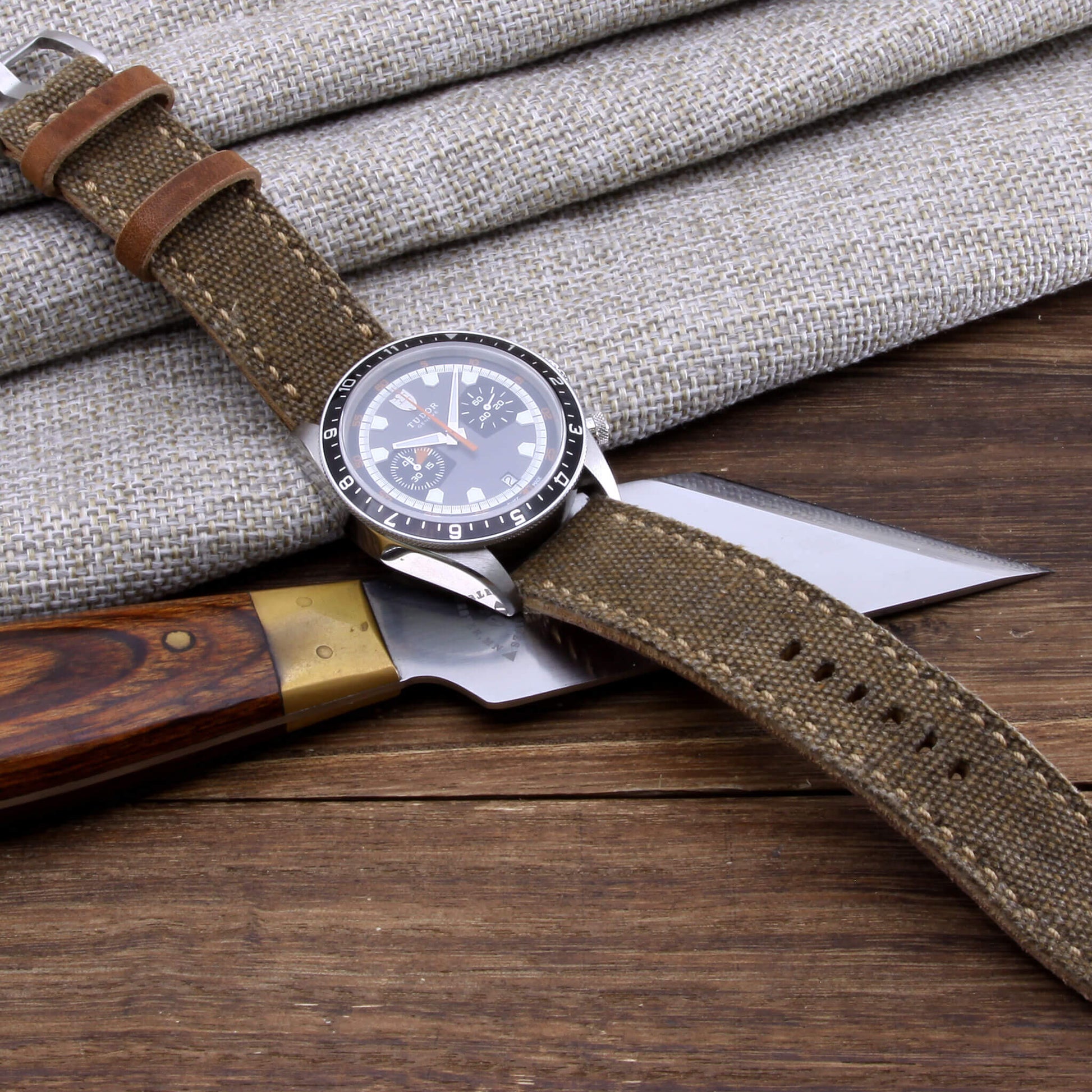 5th View of 2-Piece Full Stitch Leather Watch Strap, made with Rustic Brown Canvas and Italian veg-tanned leather lining, handcrafted by Cozy Handmade