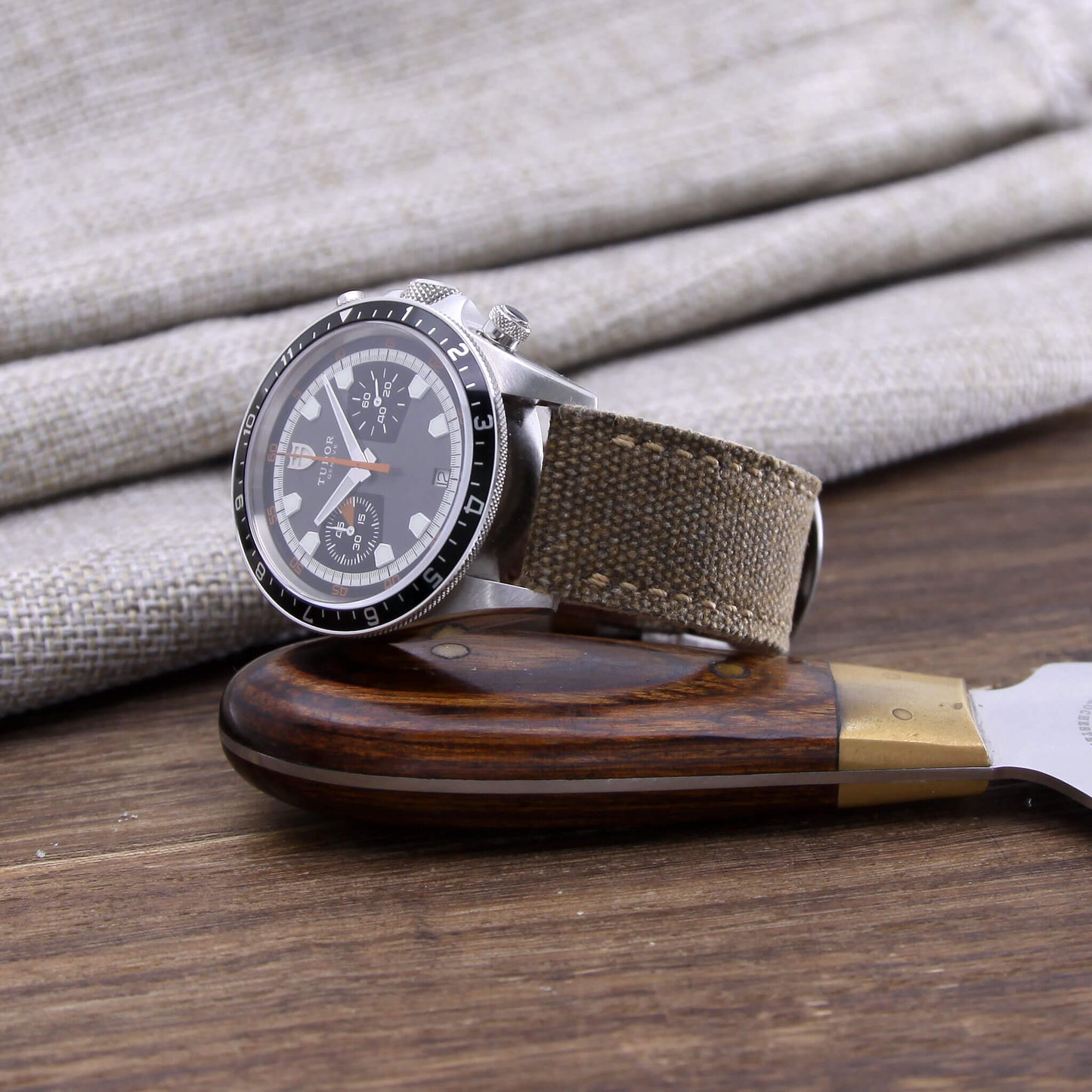 6th View of 2-Piece Full Stitch Leather Watch Strap, made with Rustic Brown Canvas and Italian veg-tanned leather lining, handcrafted by Cozy Handmade