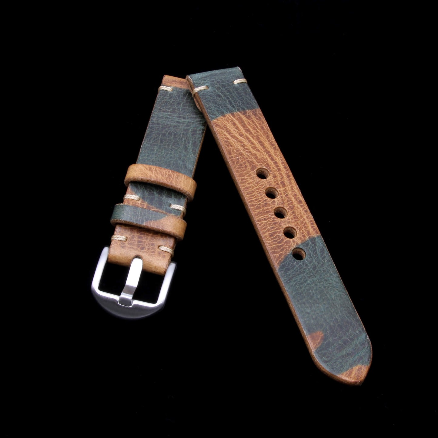 Embrace the outdoors: Military 101 woodland camo leather Apple Watch strap, hand-stitched for comfort and adventure.