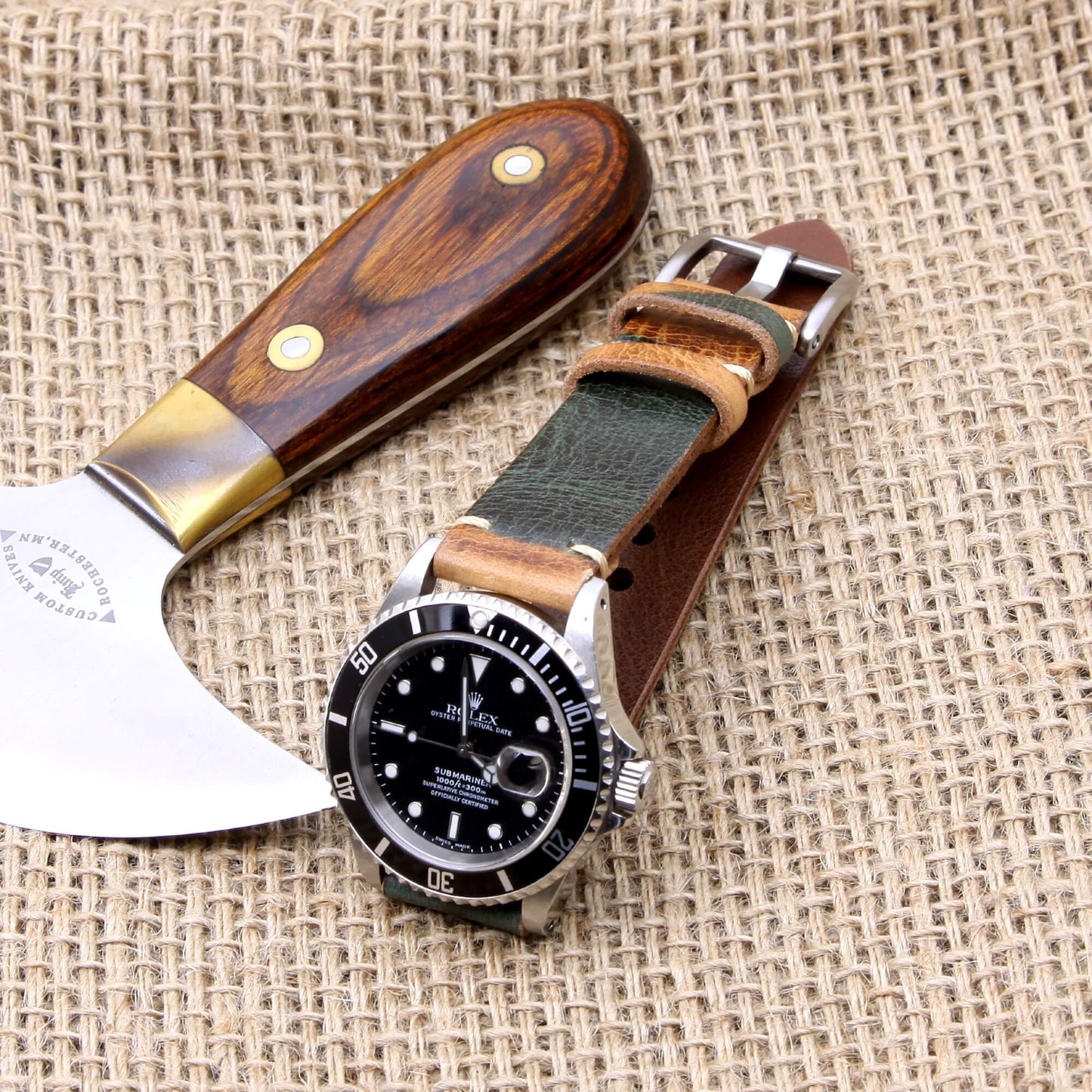 Rugged and refined: Military 101 woodland camo Italian leather Apple Watch strap, handcrafted for durability and a natural aesthetic.