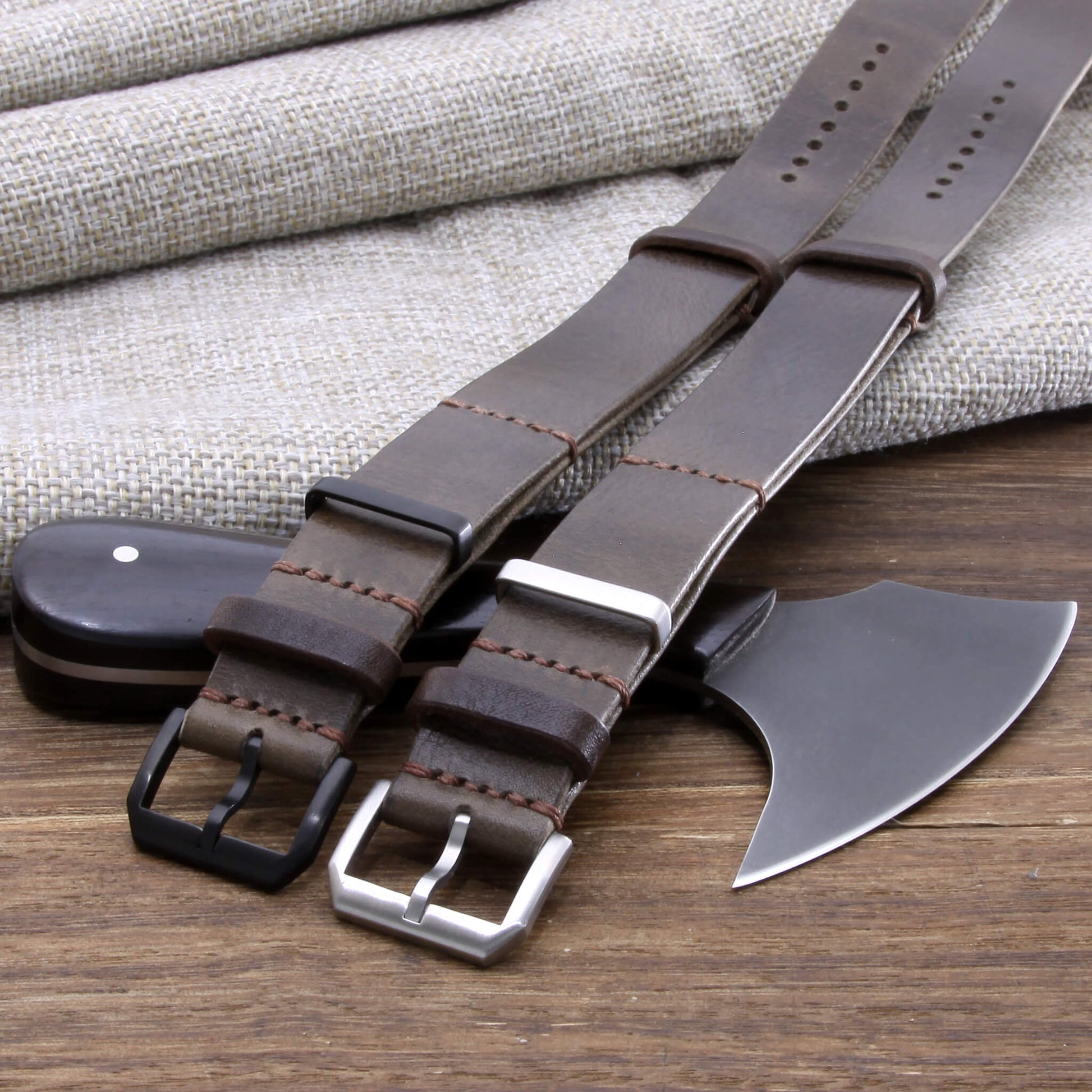 NAT2 Stylish Leather Watch Strap, Douglas 116 Dark Olive Grey available in brush steel and black PVD buckle, made with full grain Italian veg-tanned leather by Cozy Handmade