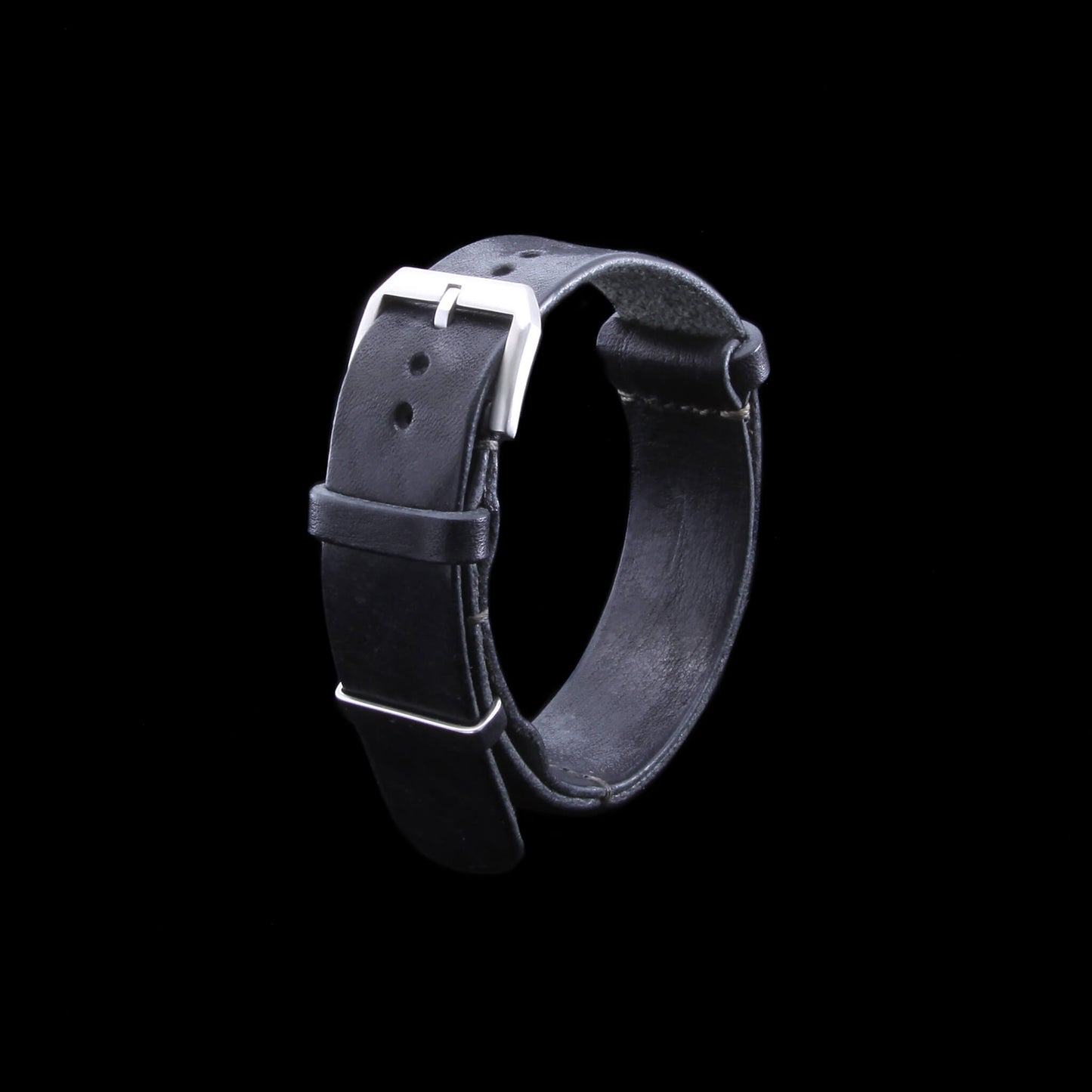 2nd View Of NAT2 Stylish Leather Watch Strap, Vintage Nero Black fitted with brushed steel slim buckle , made with full grain Italian veg-tanned leather by Cozy Handmade