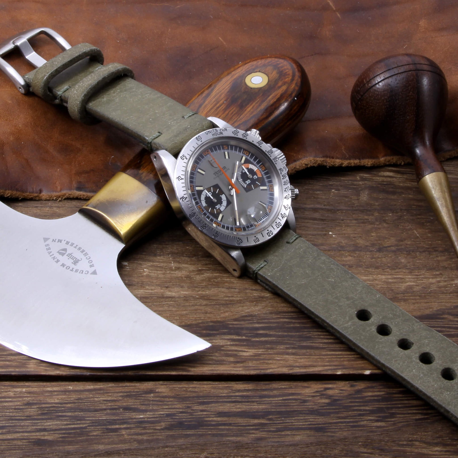 Italian Veg Tanned Leather Watch Strap for Apple Watch in Rustic Olive - Handcrafted for Style and Comfort
